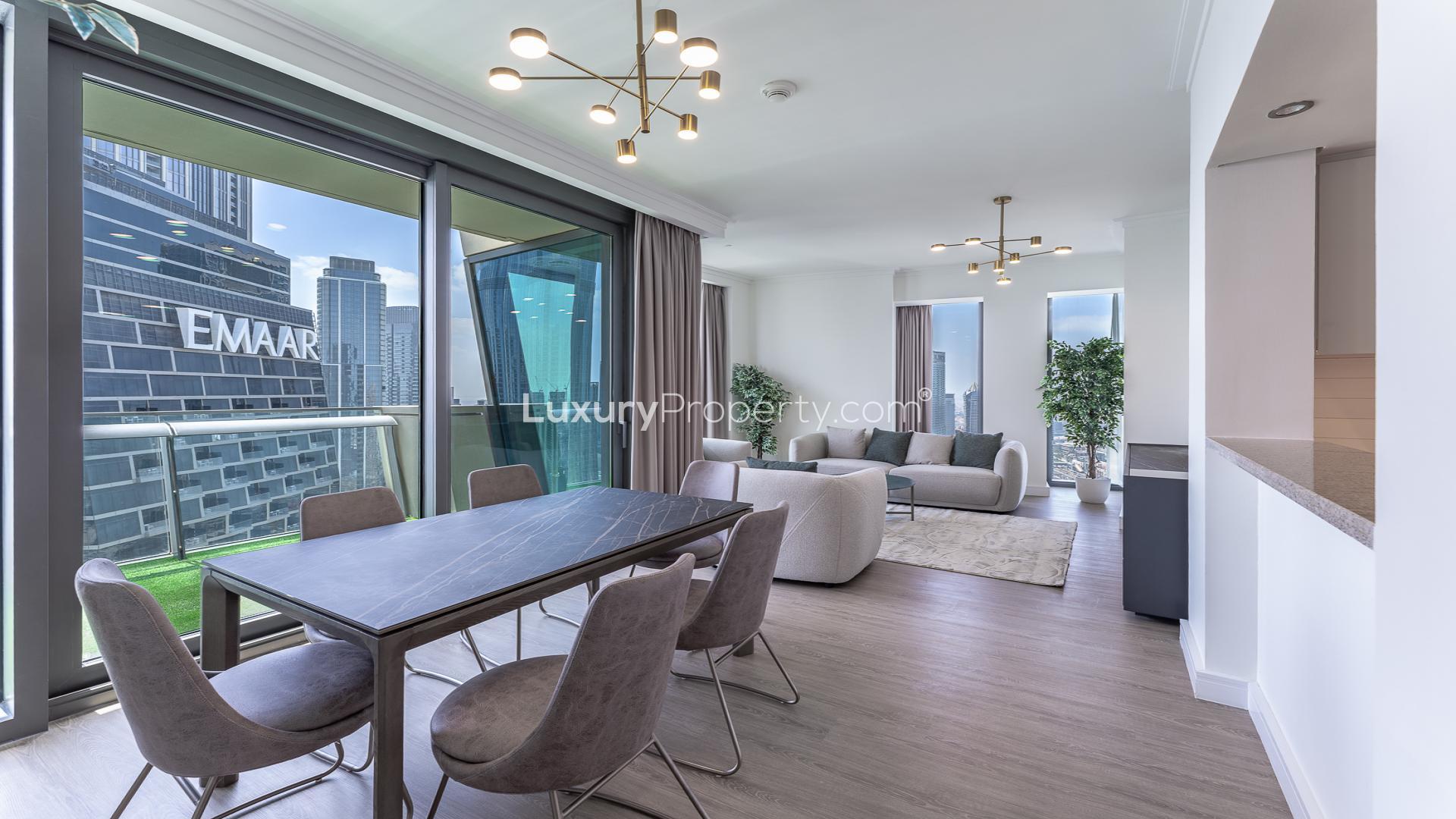 Panoramic view of Burj Khalifa from Burj Vista 1 apartment balcony in Downtown Dubai