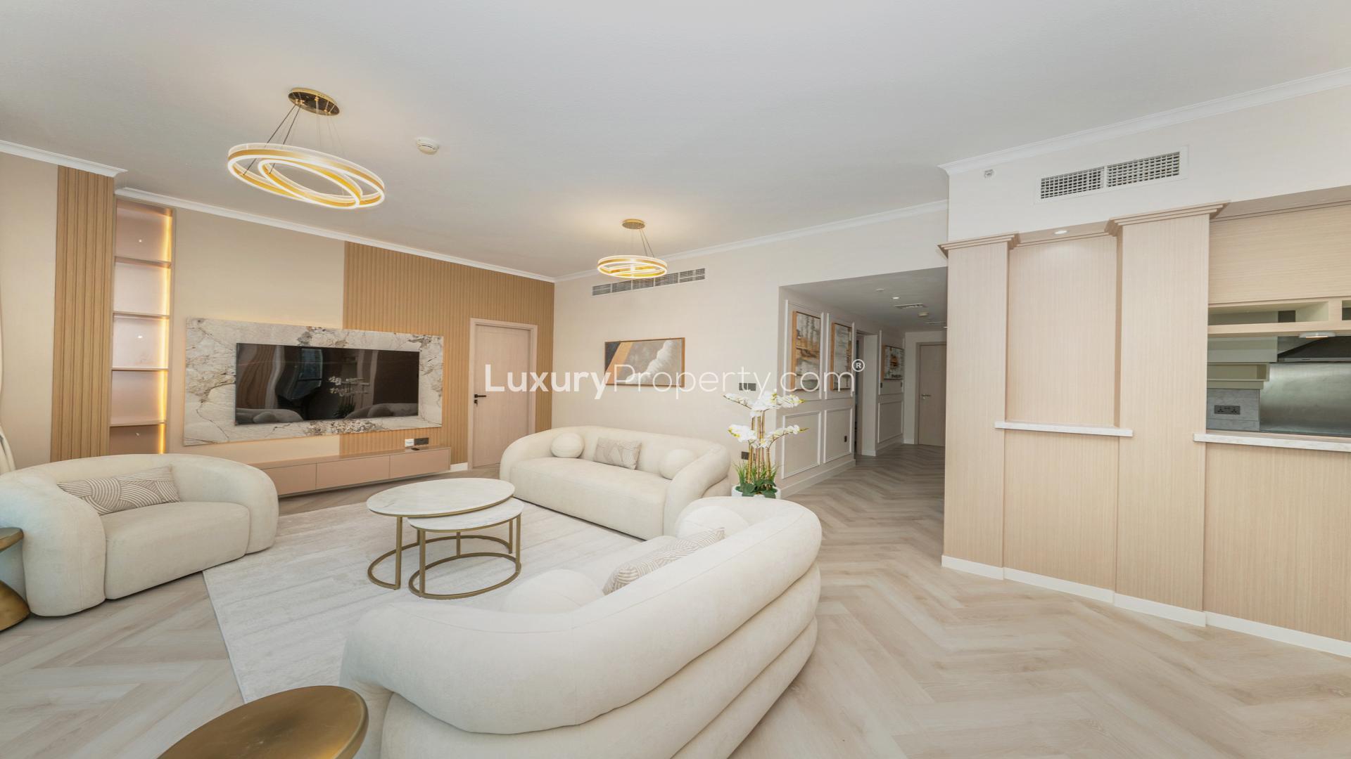 Furnished living room with city view in The Residences 1, Downtown Dubai apartment