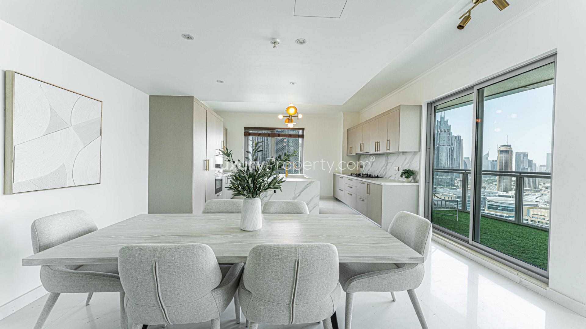 Modern living room in 3-bedroom apartment, The Residences, Downtown Dubai, with city view