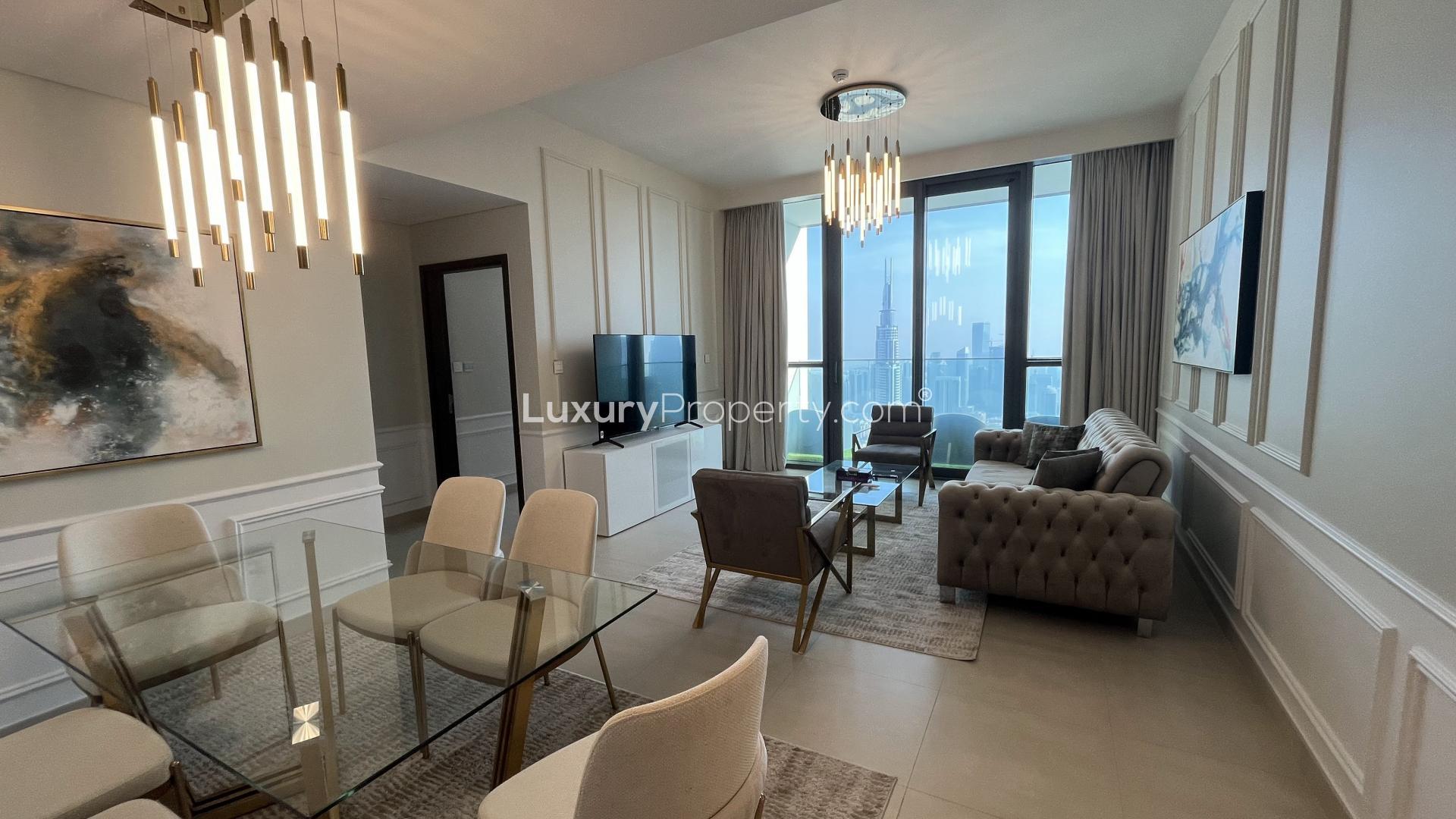 Luxurious living room in Downtown Dubai apartment with modern decor and elegant furnishings