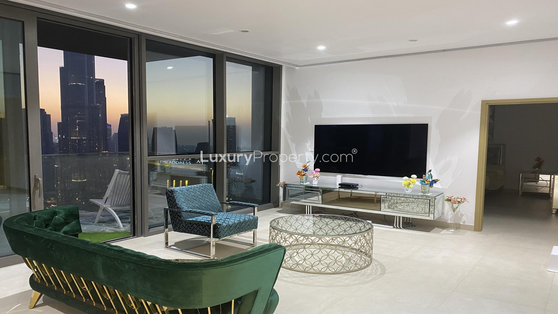 Luxurious Downtown Dubai apartment living room with Burj Khalifa and city skyline views