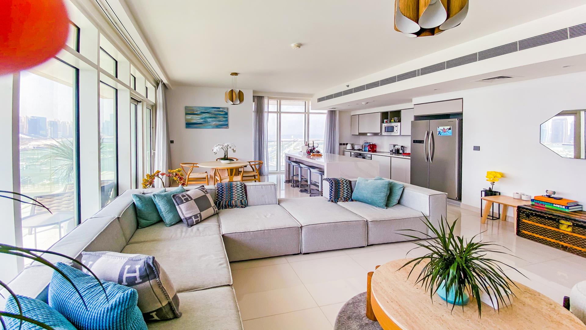 Stunning living room in Emaar Beachfront apartment with city views, Dubai Harbour