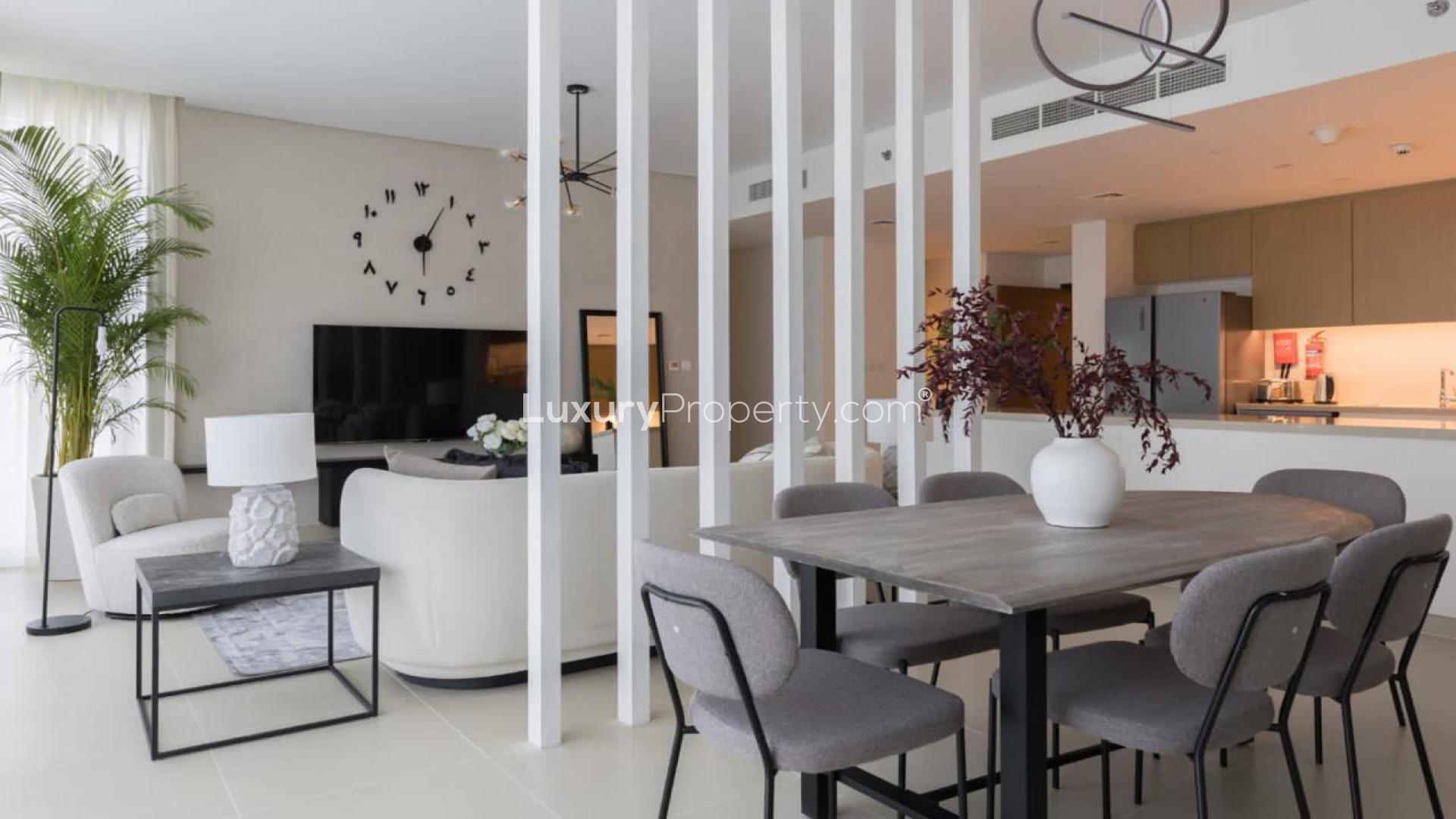 Modern living room in Marsa Dubai apartment with elegant decor and stylish furnishings