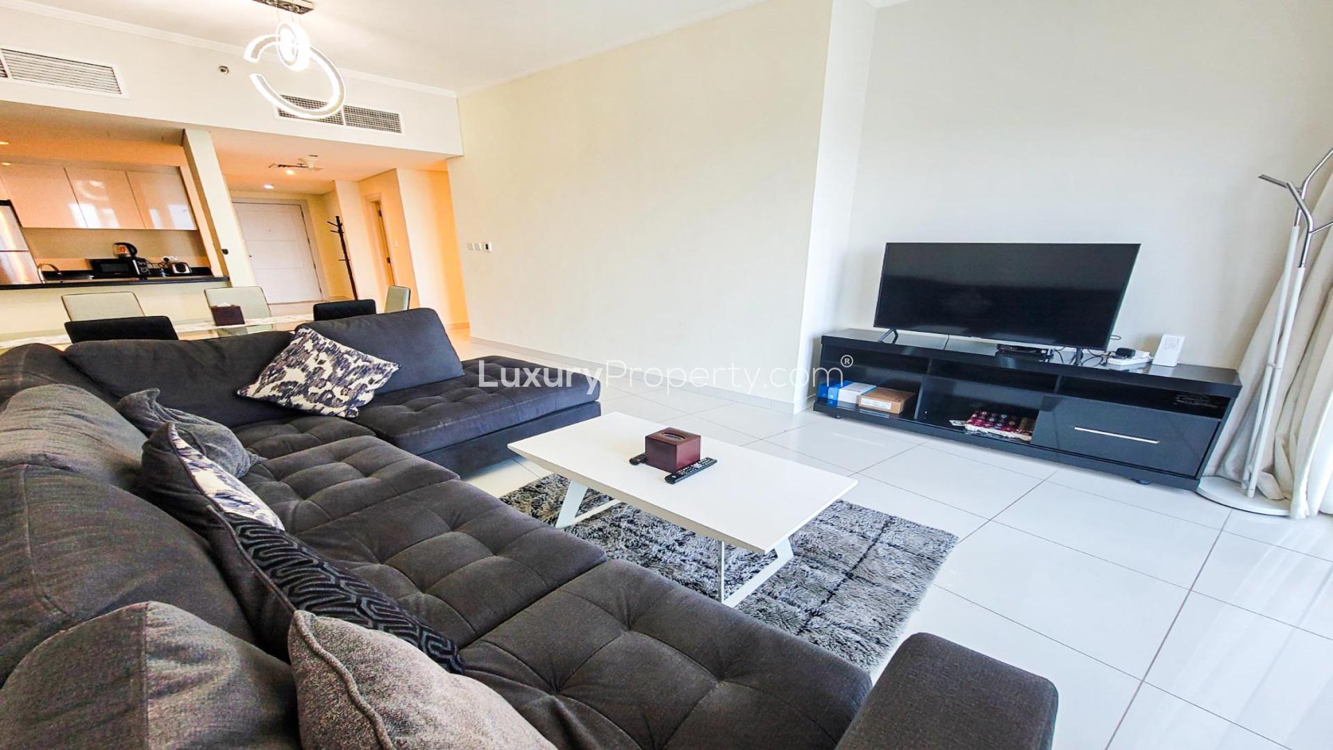 Modern furnished living room in Damac Heights apartment, Dubai Marina, available for rent