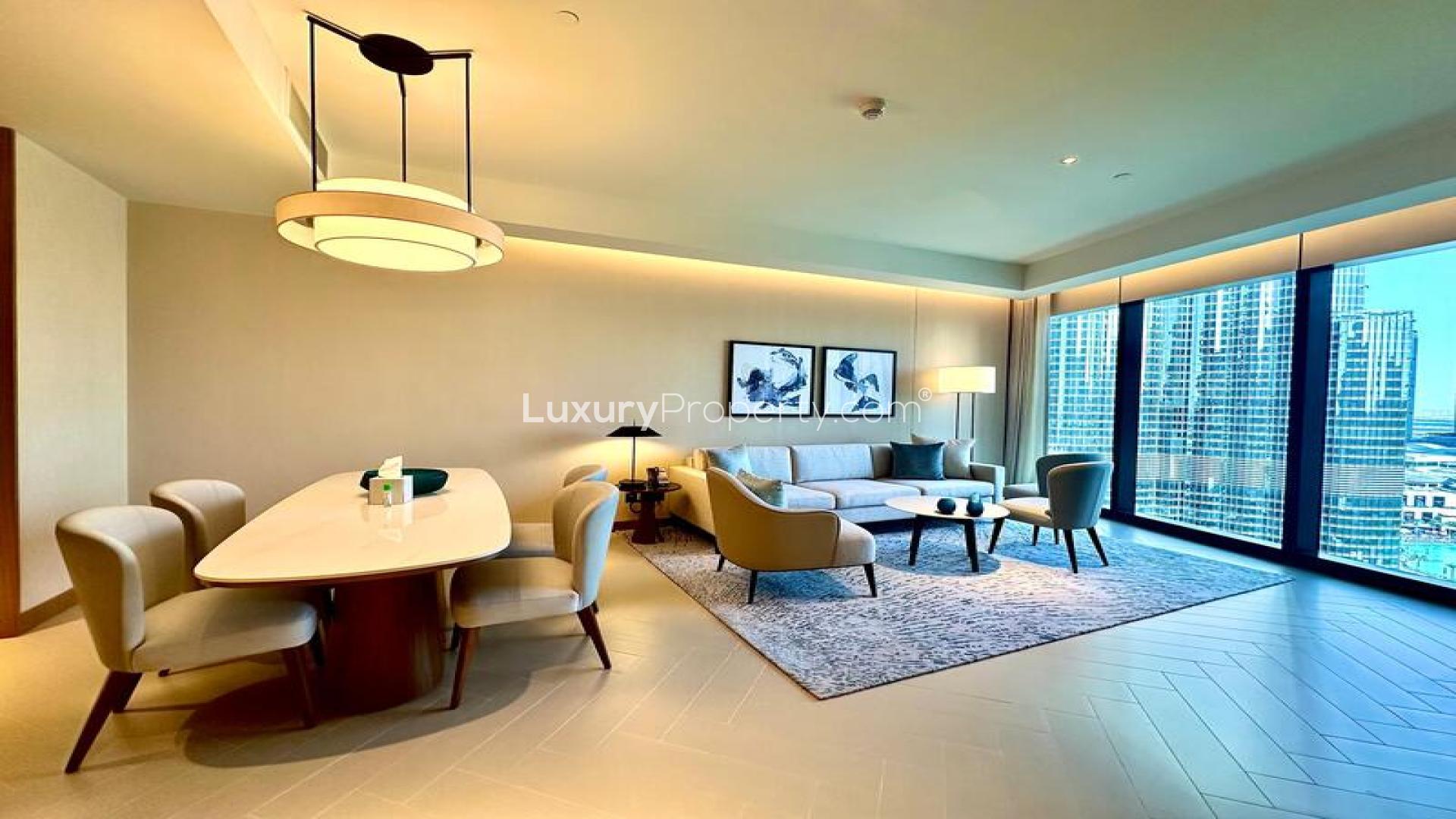 High-floor apartment living area with Burj Khalifa view, Downtown Dubai. Ref: LP42542