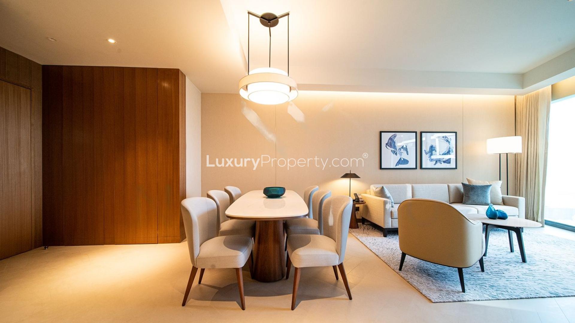 Balcony view from 3-bedroom apartment in Downtown Dubai, overlooking Burj Khalifa and cityscape