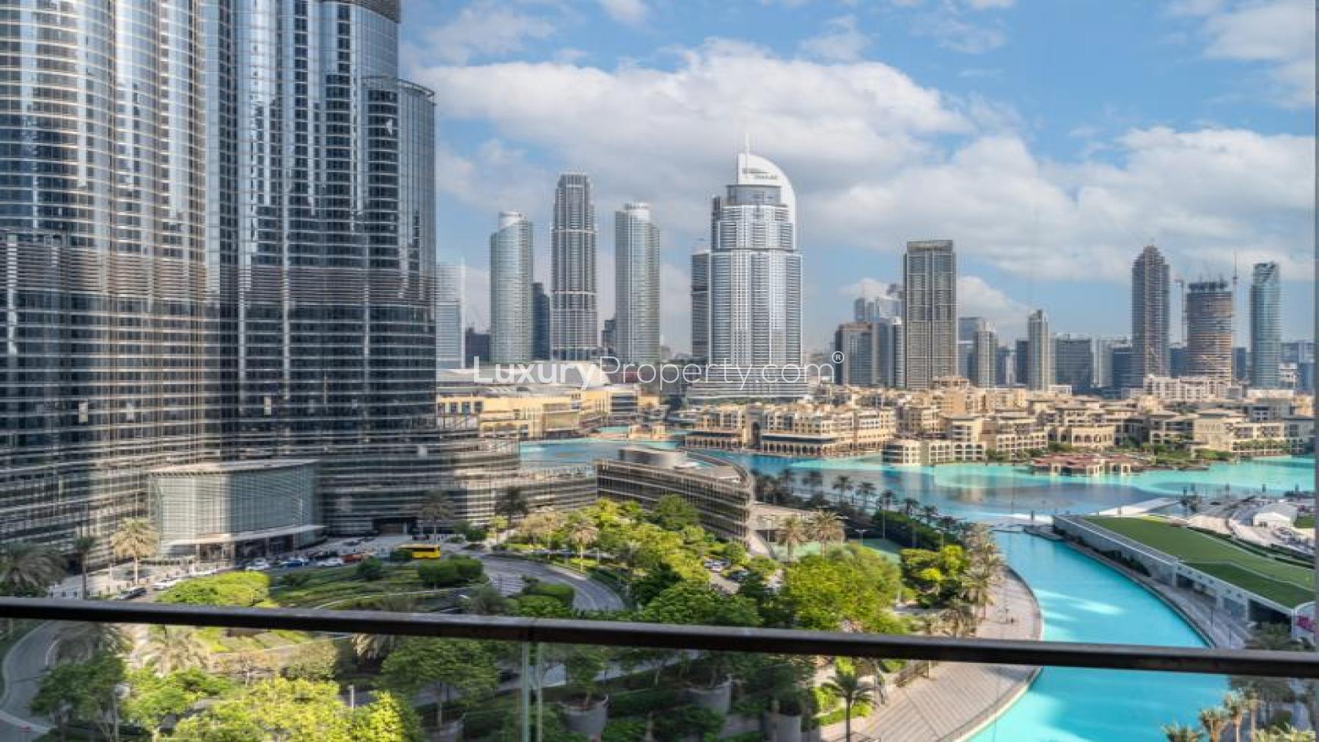 Luxurious furnished bedroom with Burj Khalifa view in Downtown Dubai apartment for rent