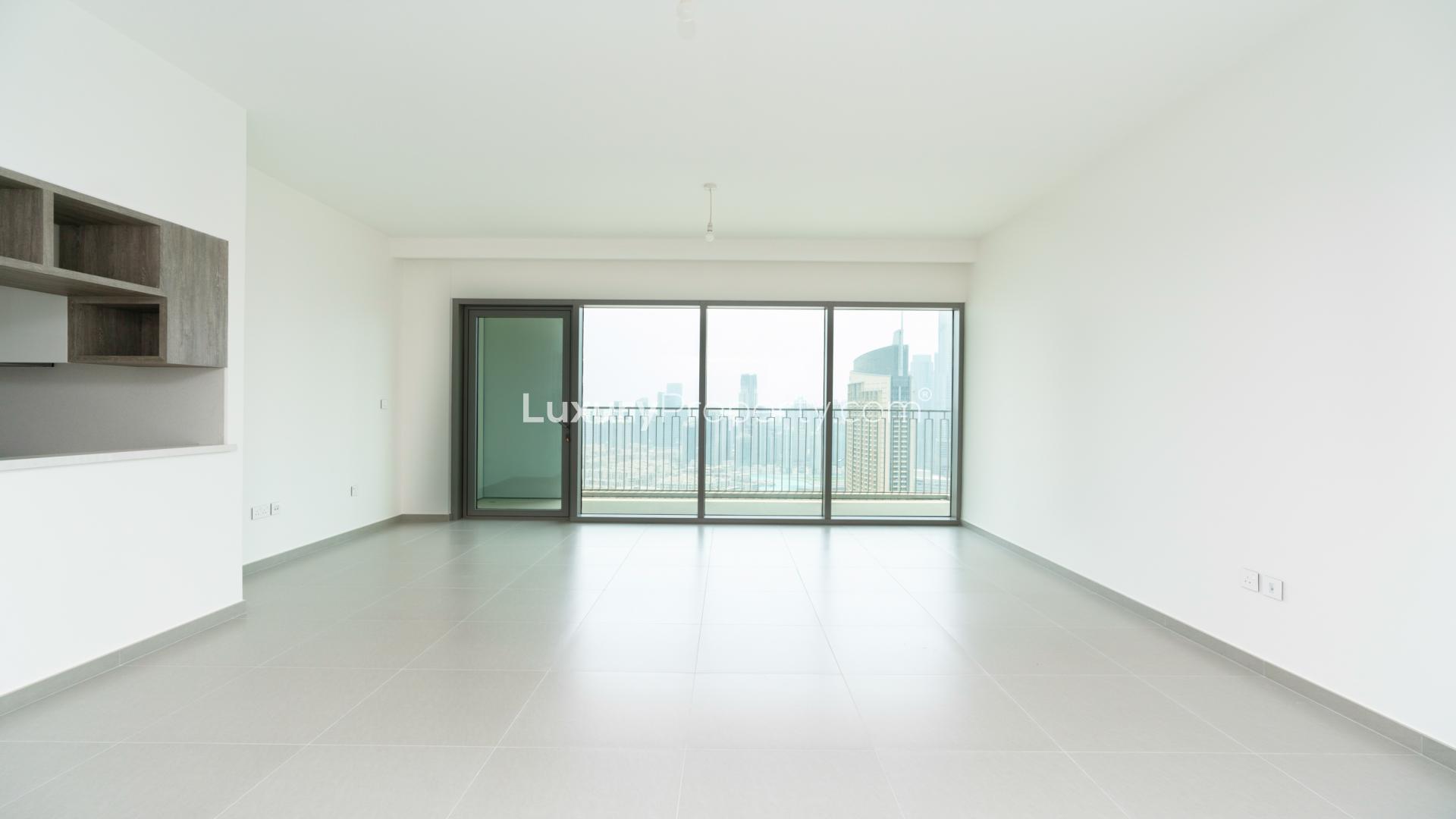 Panoramic views of Downtown Dubai skyline from apartment in Downtown Views II