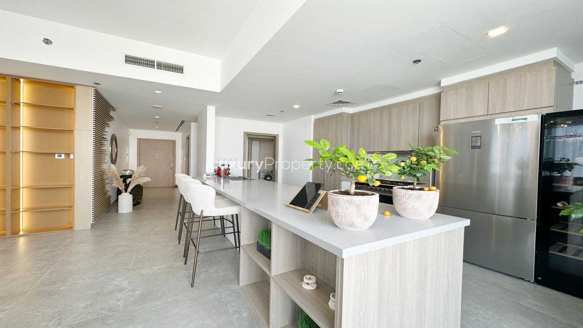 Opulent living room in 3-bed apartment, Stella Maris, Dubai Marina, featuring modern furnishings