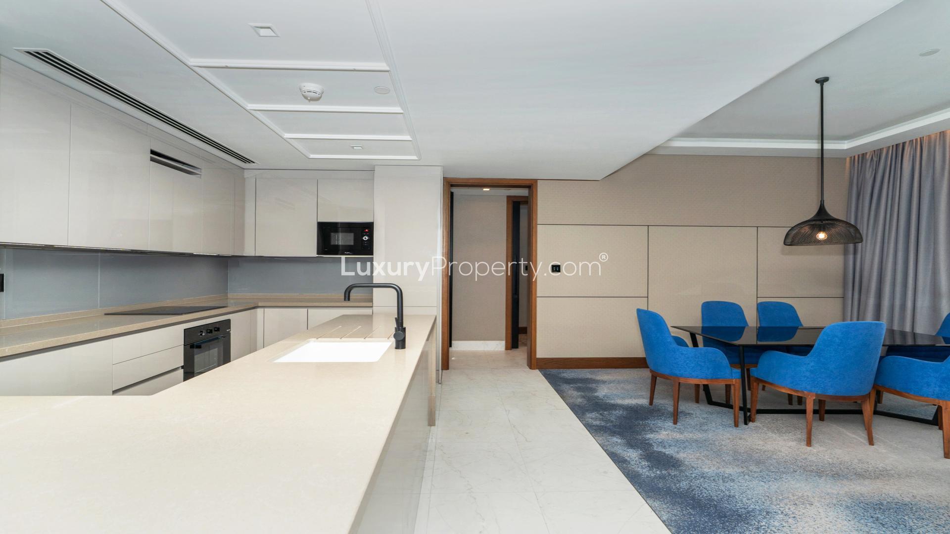 Modern open-plan kitchen and living area in Bluewaters Residences apartment for rent