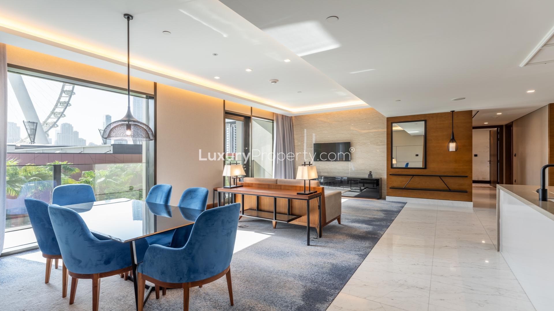 Modern living room in Bluewaters Residences apartment, open layout with stylish furnishings