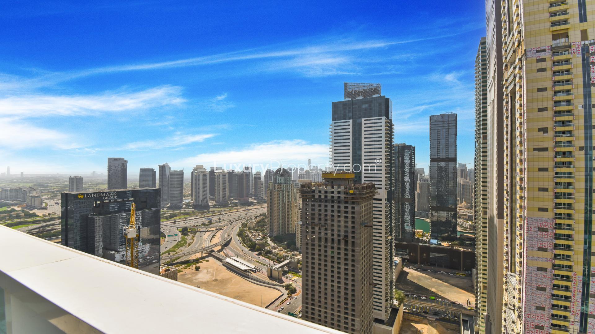 Stunning view from 3-bedroom apartment in Marina Arcade Tower, Dubai Marina skyline