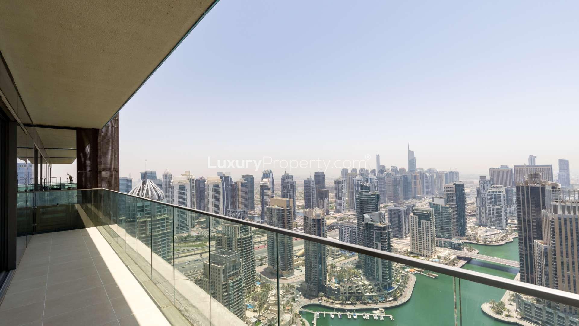 Spacious balcony with stunning Dubai Marina view from Marina Gate apartment for rent