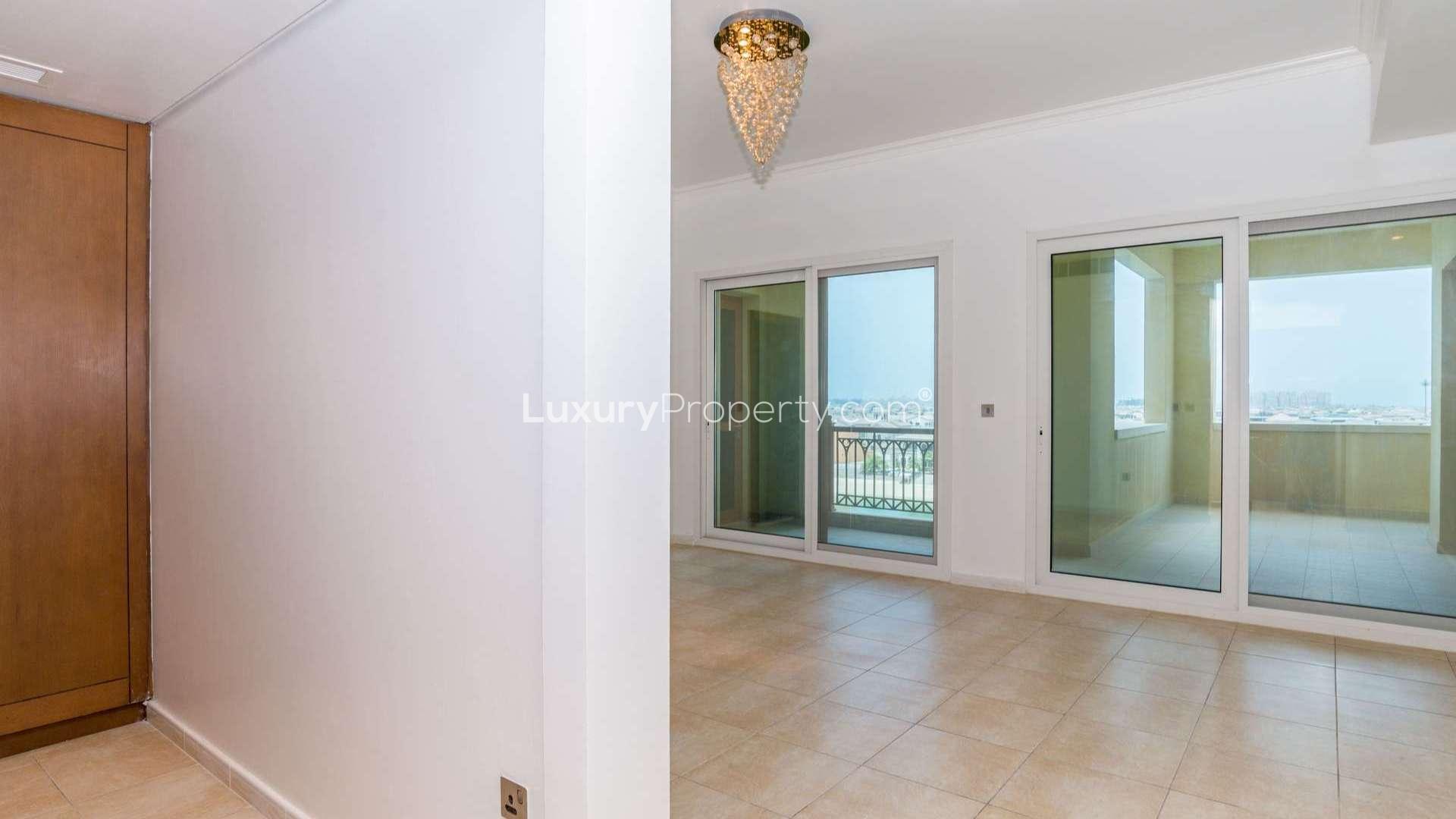 High-floor apartment balcony view of marina at Marina Residences, Palm Jumeirah