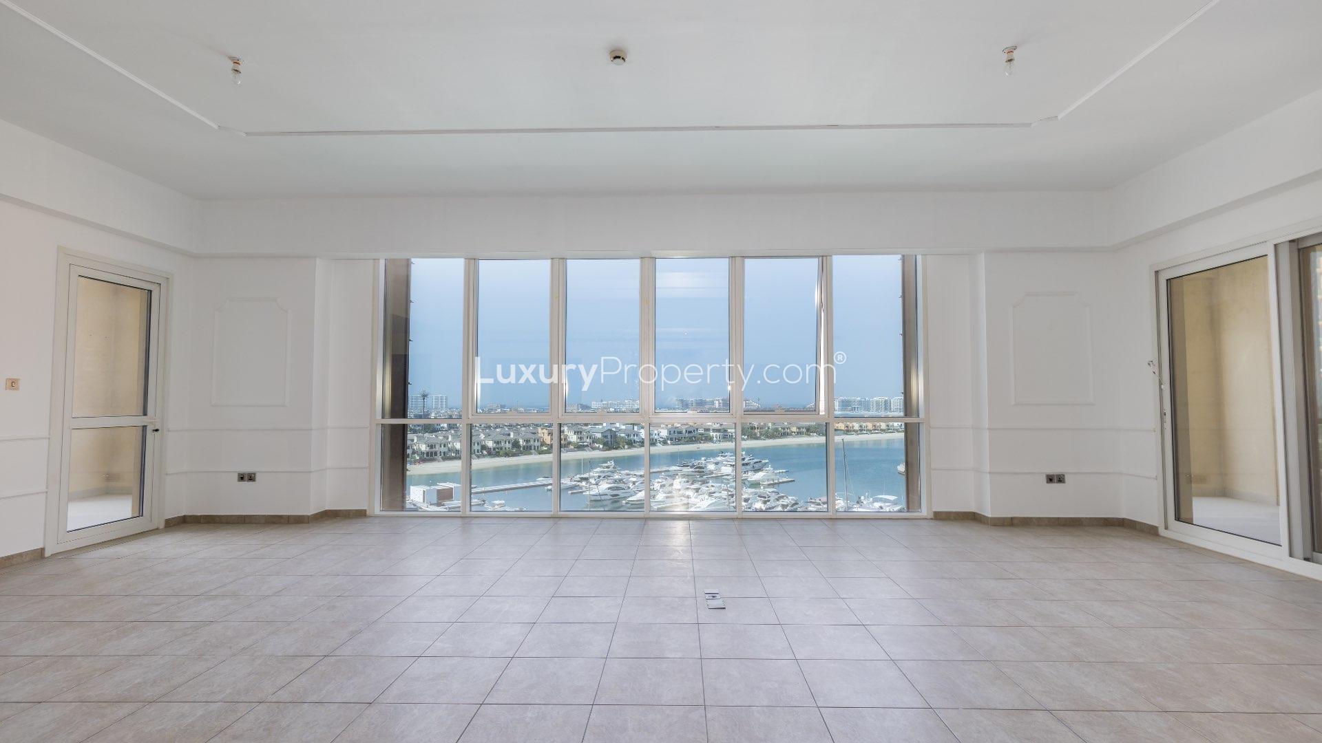 Low-floor apartment view, Marina Residences, Palm Jumeirah, overlooking yachts and waterfront