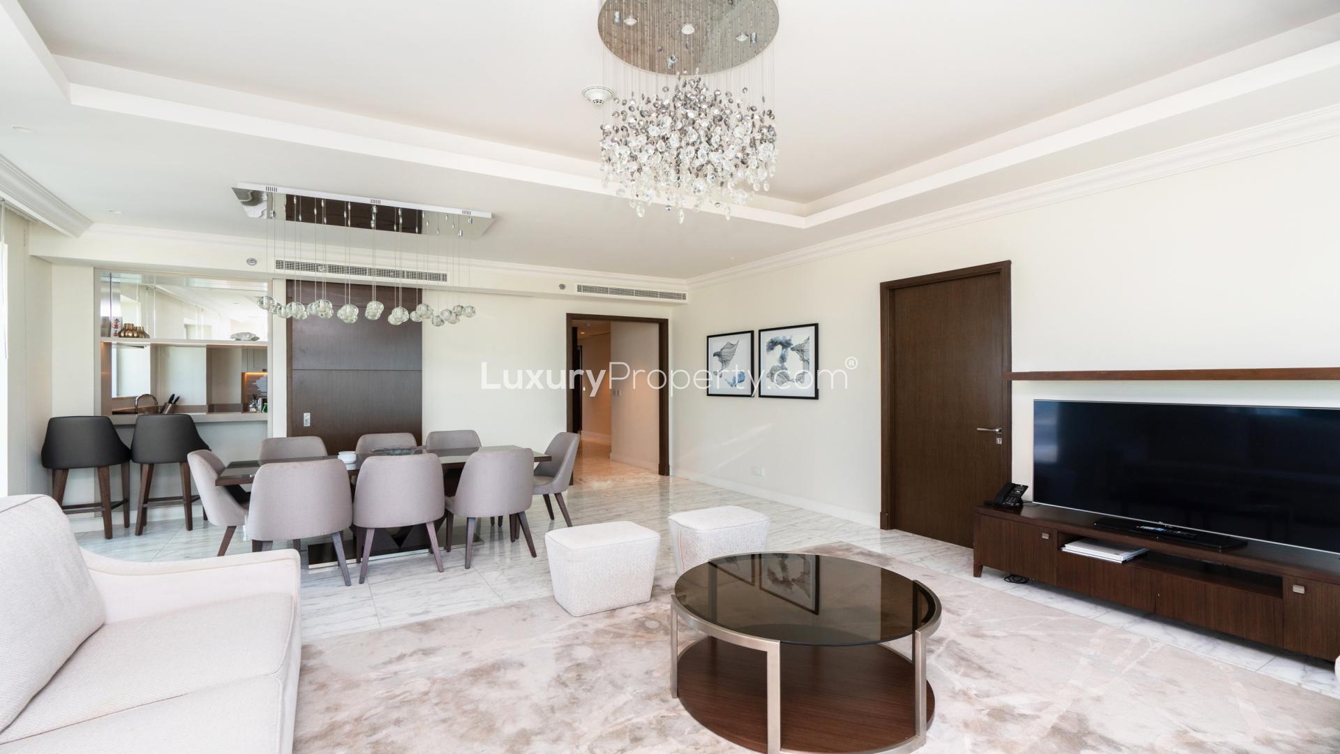 Stunning living room with modern decor in Downtown Dubai apartment, Burj Khalifa view visible