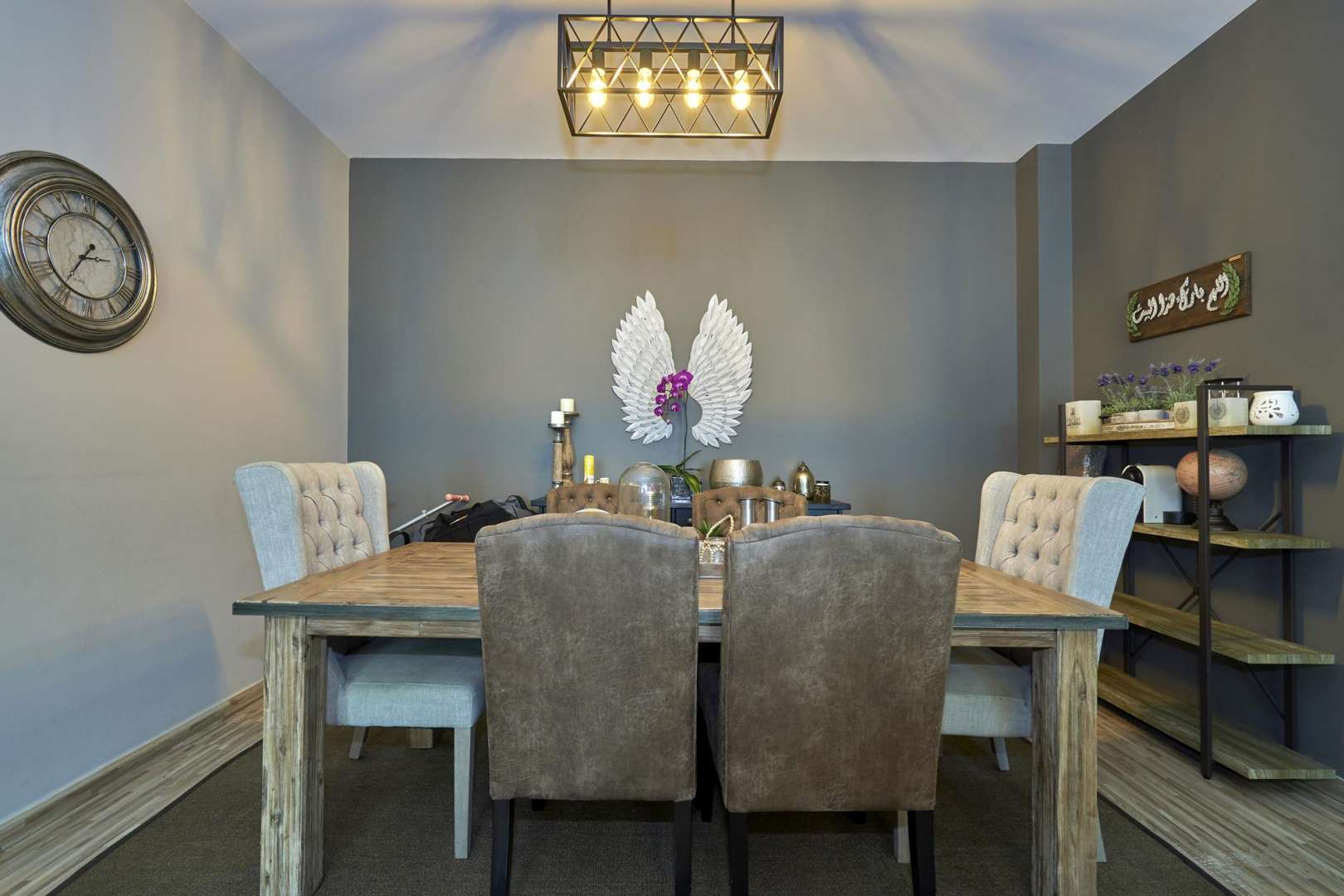 Living room of 3-bedroom apartment in Masakin Al Furjan with modern decor and lighting