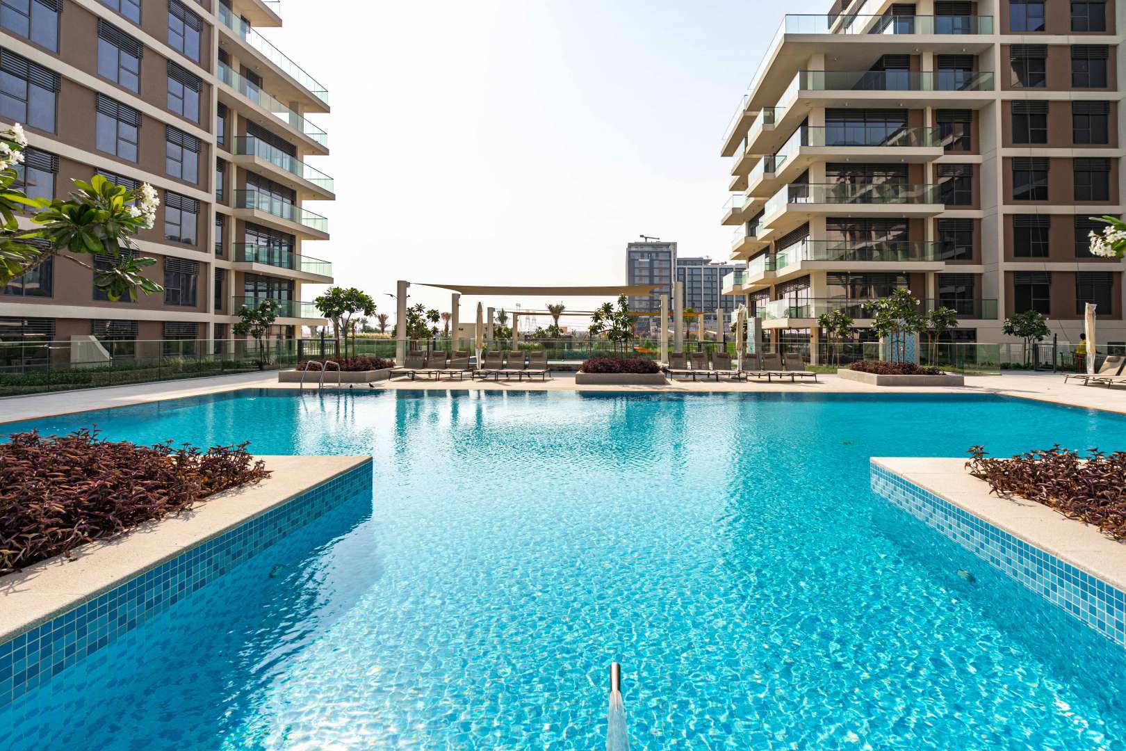 Exterior view of modern apartment building in Dubai Hills Estate, Park Heights community