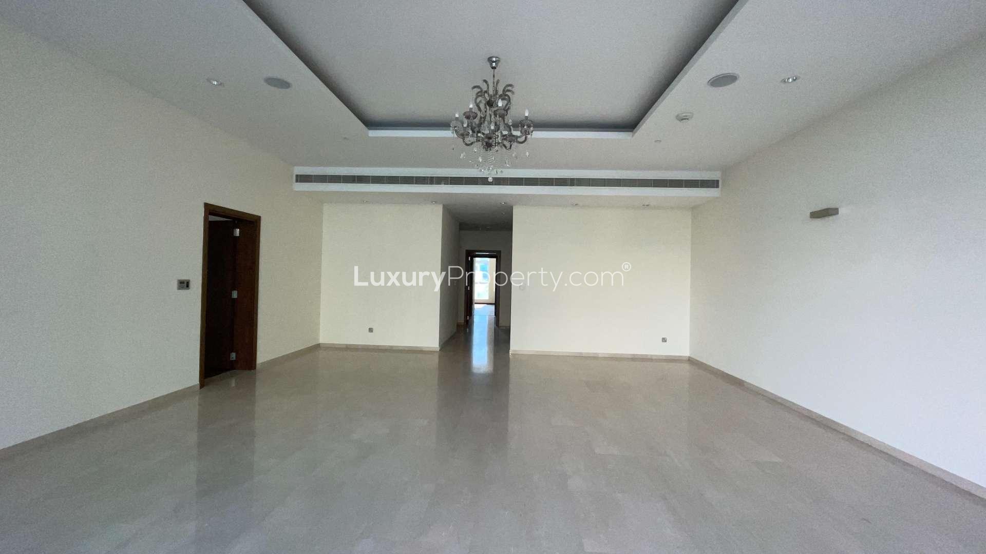 Spacious living room with large windows in Oceana Residences apartment, Palm Jumeirah