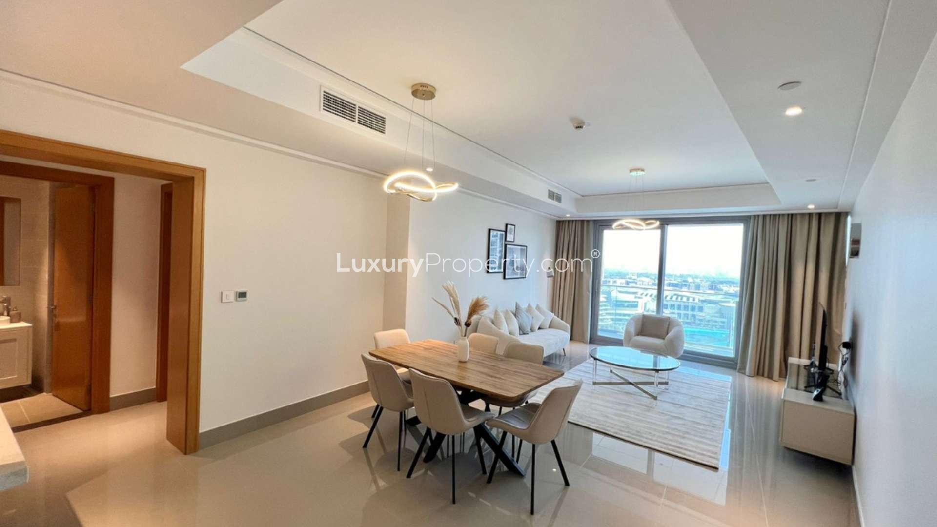 Balcony view of Burj Khalifa and Dubai Fountain from Opera Grand apartment in Downtown Dubai