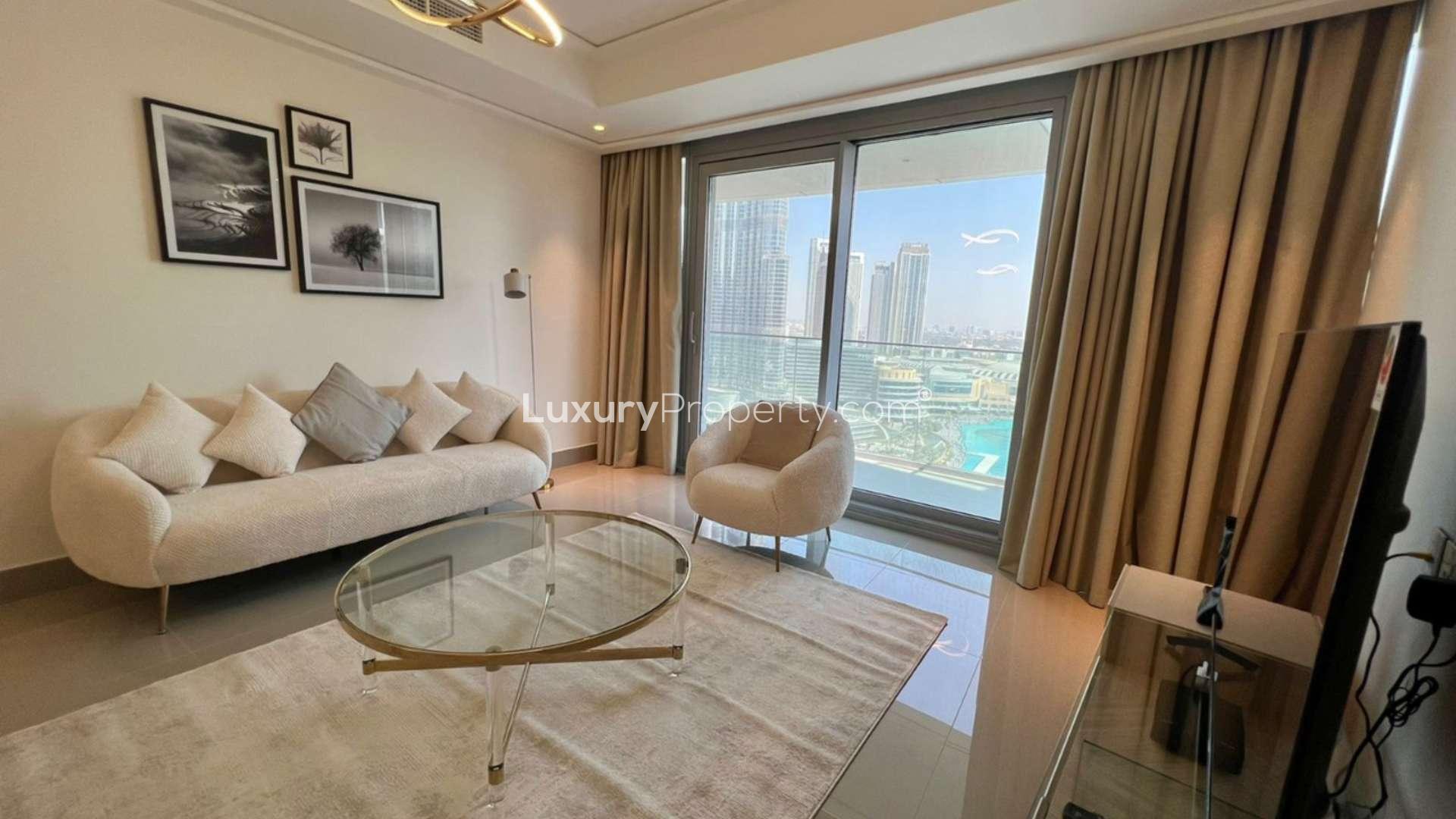 3-bedroom apartment living room with Burj Khalifa views, Opera Grand, Downtown Dubai