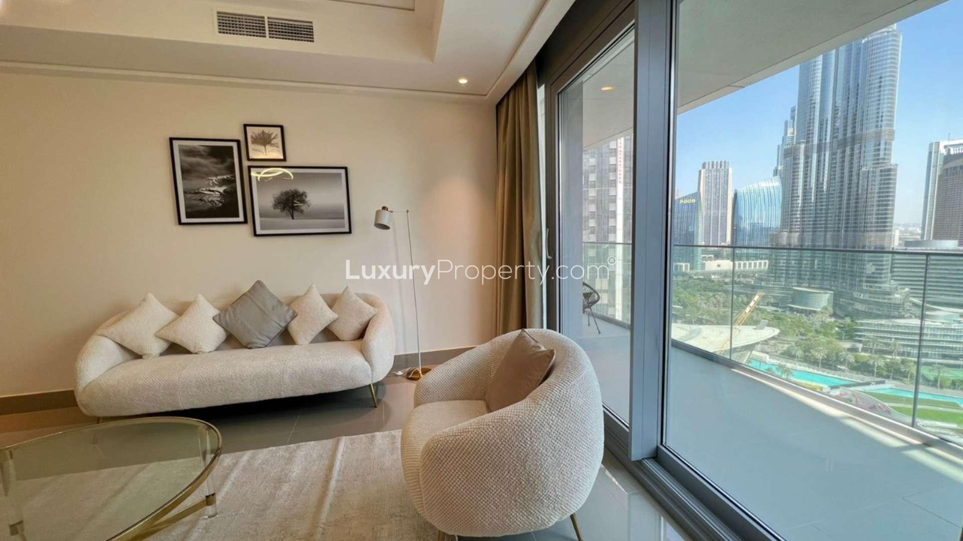 Modern living room in high-floor apartment with Burj Khalifa views, Downtown Dubai