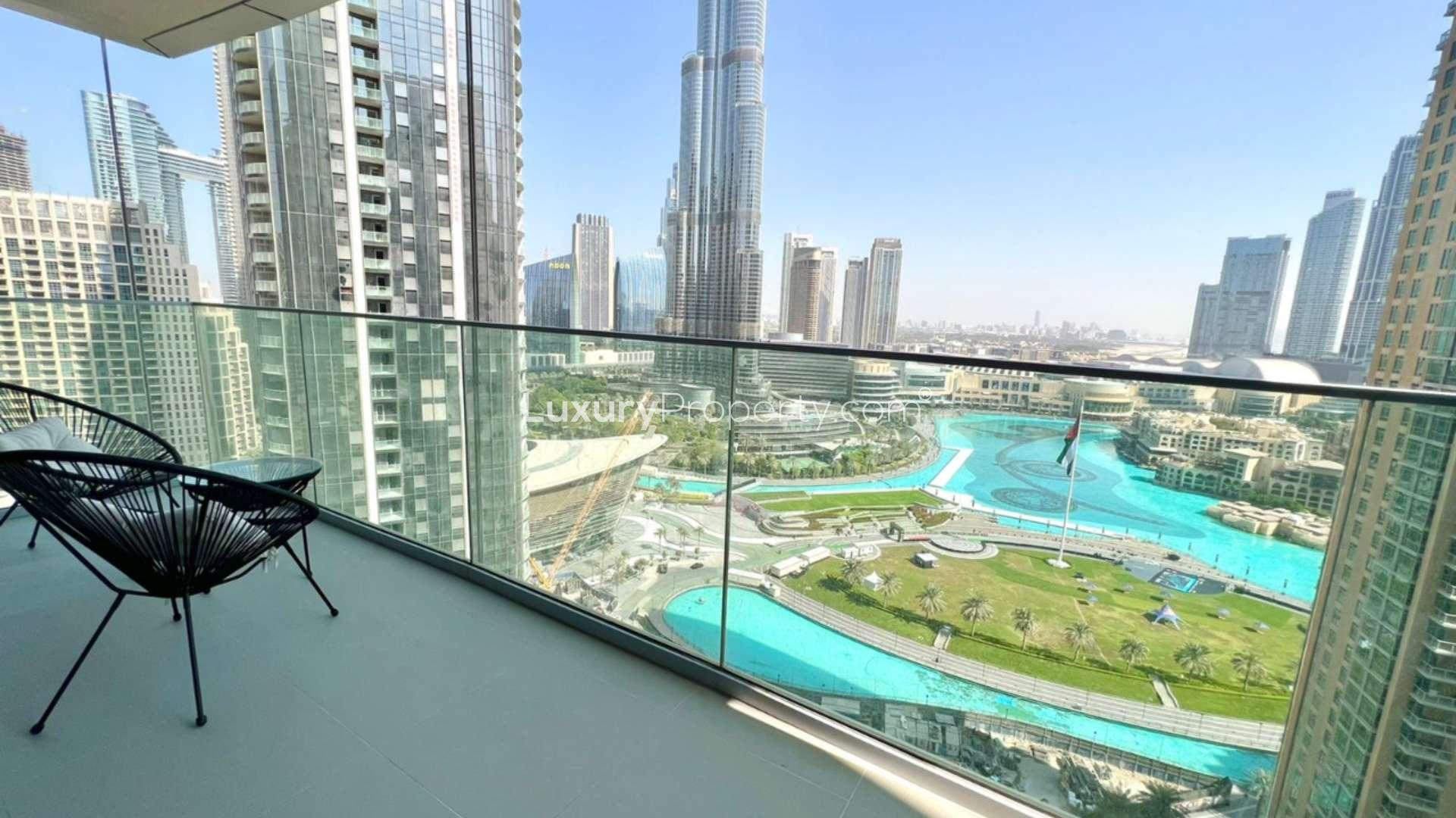 Modern living and dining area in luxury Downtown Dubai apartment, Burj Khalifa view