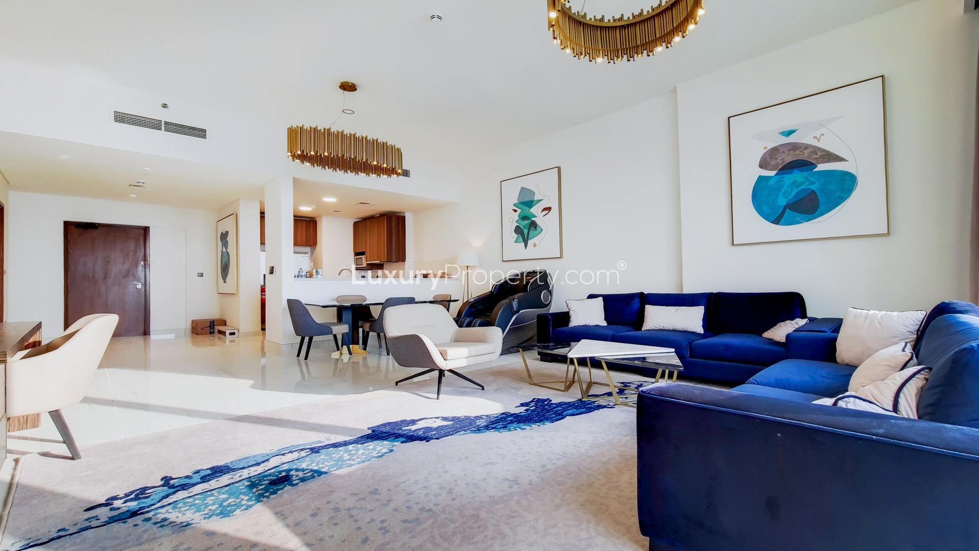 "Stunning balcony view from luxury apartment in Avani Palm View, Dubai Media City.",Luxury living room in 3-bedroom apartment for rent, Avani Palm View, Dubai Media City