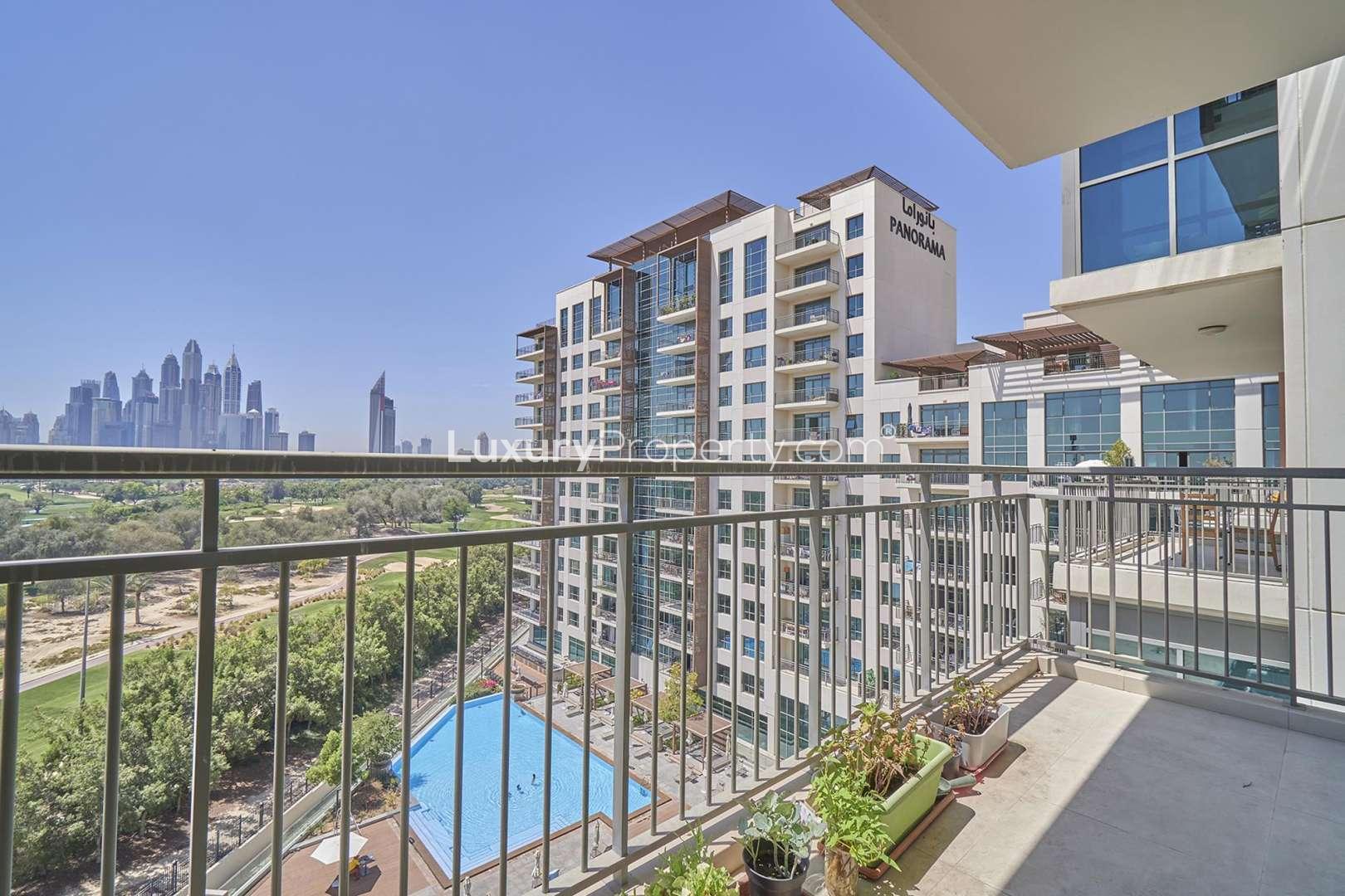 "Balcony view from 3-bedroom apartment in Panorama, The Views, overlooking pool and skyline.",Bedroom interior in 3-bedroom apartment, Panorama, The Views, available for rent