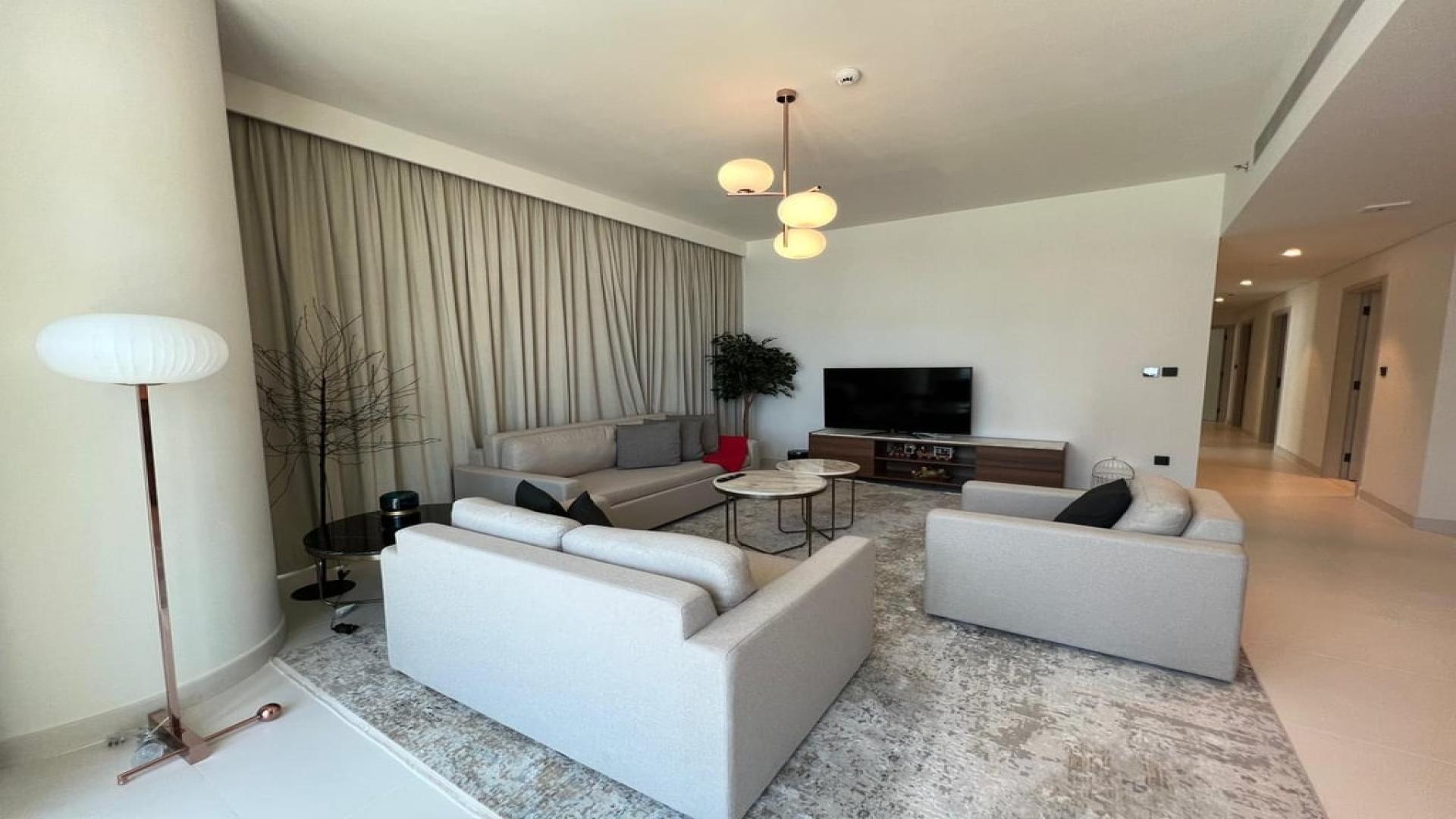 Furnished living room in 5-bedroom apartment, Marina Vista, Emaar Beachfront, Dubai Harbour