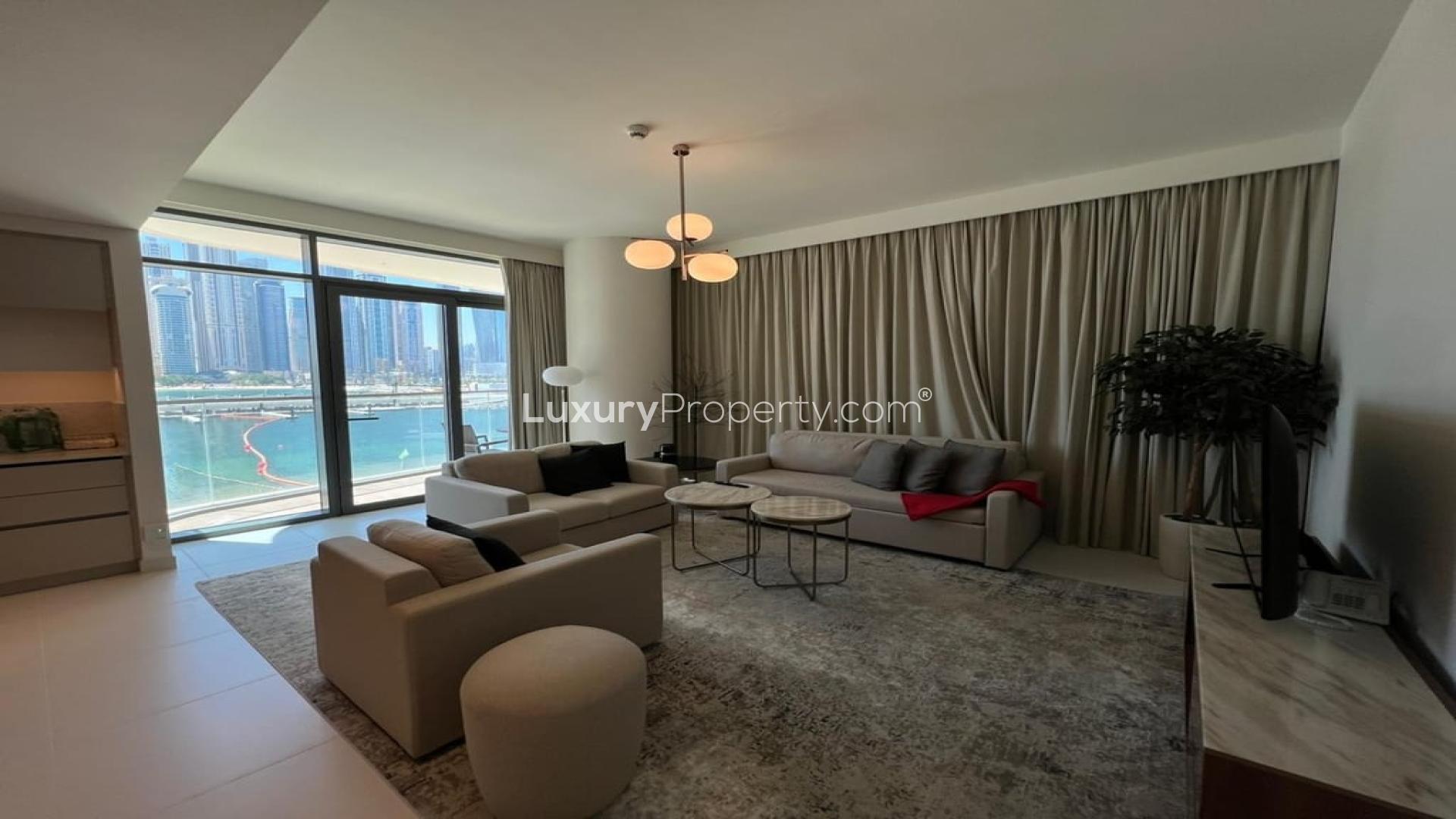 Furnished apartment balcony with stunning marina view in Emaar Beachfront, Dubai Harbour