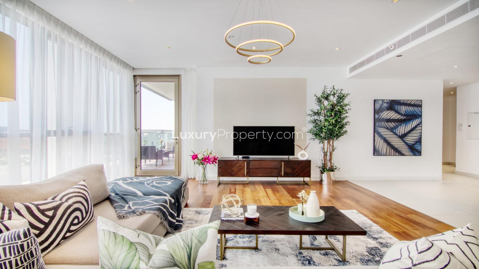 Modern living room in City Walk apartment, spacious layout with natural light and stylish decor