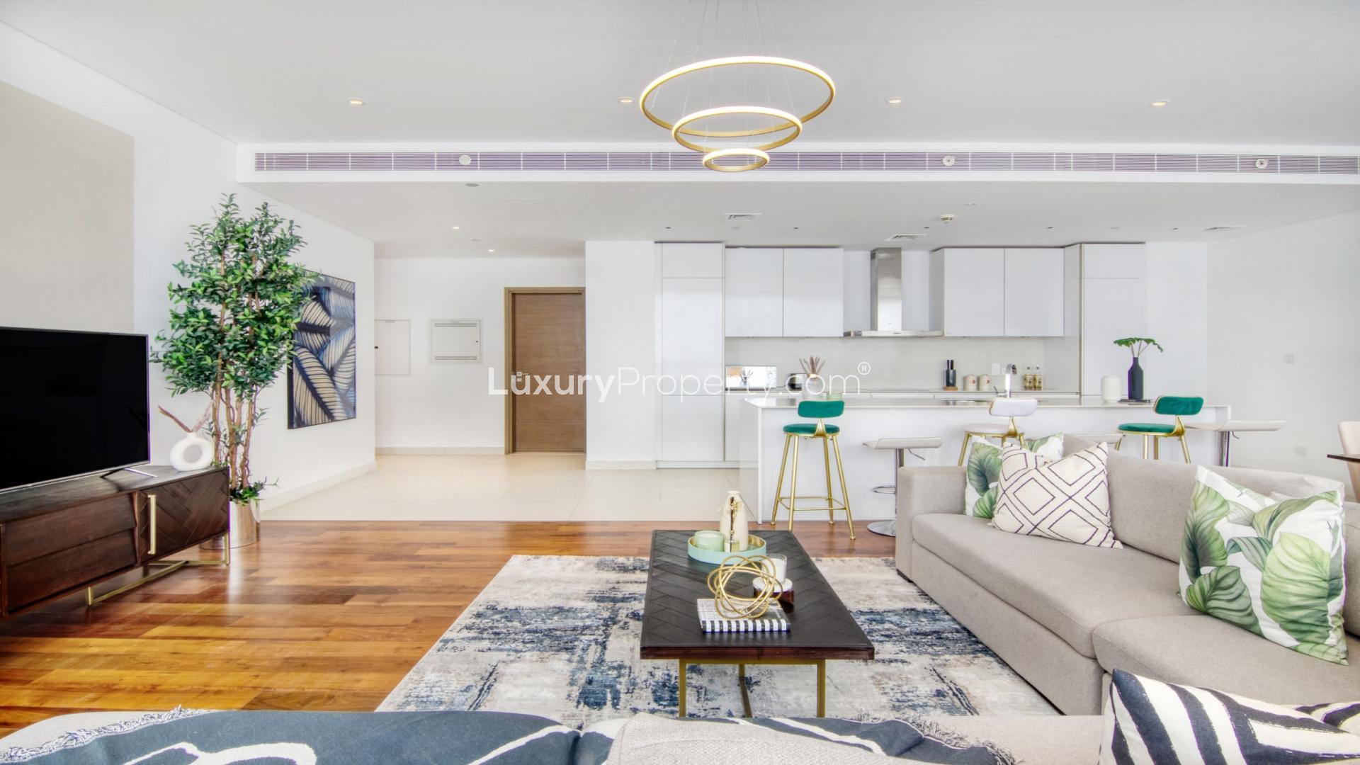 Modern living room in spacious 3-bedroom City Walk apartment, Building 10, for rent