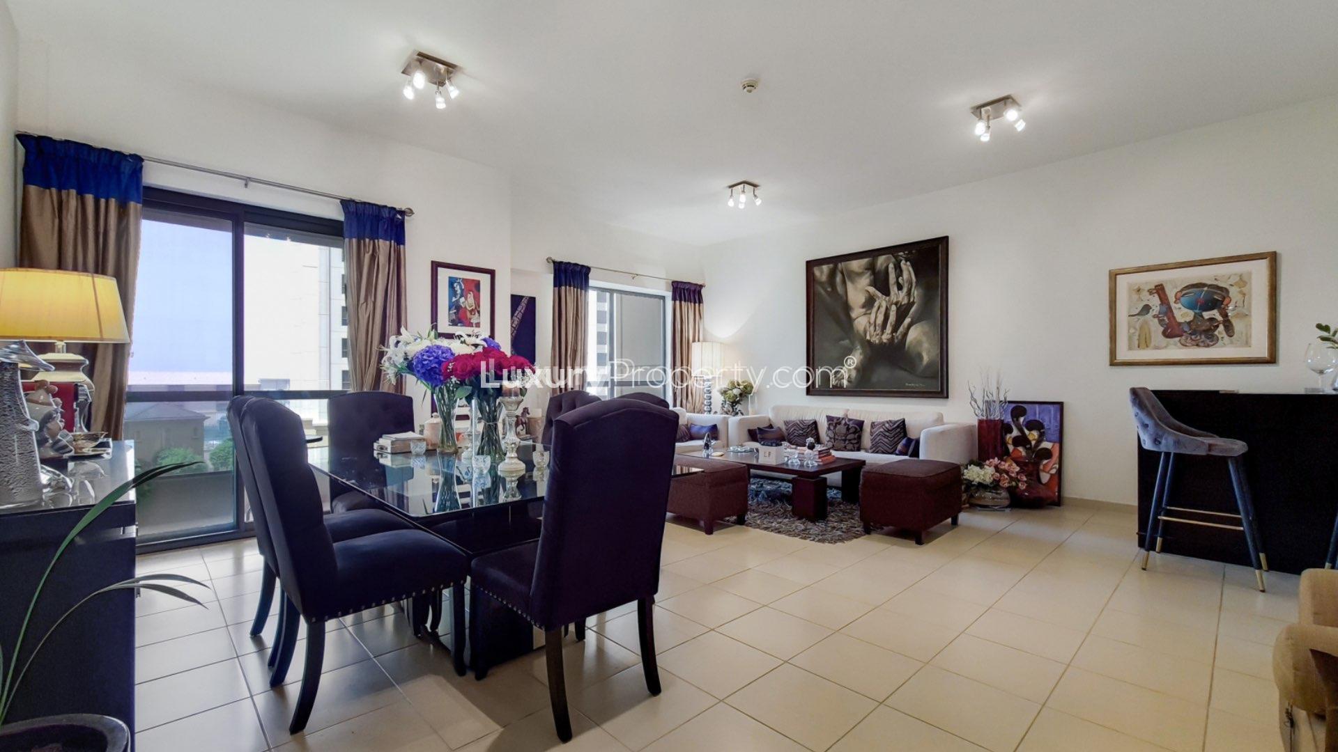 Open plan living area with partial sea view in Jumeirah Beach Residence apartment