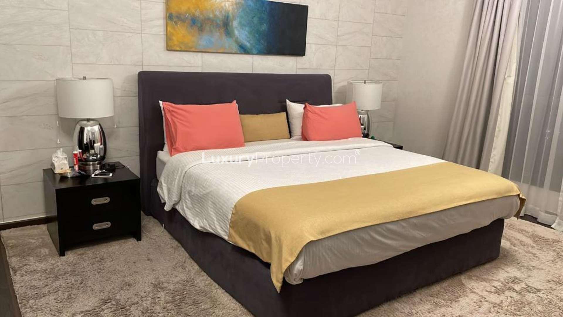 Dining area with modern decor in Jumeirah Beach Residence waterfront apartment for rent