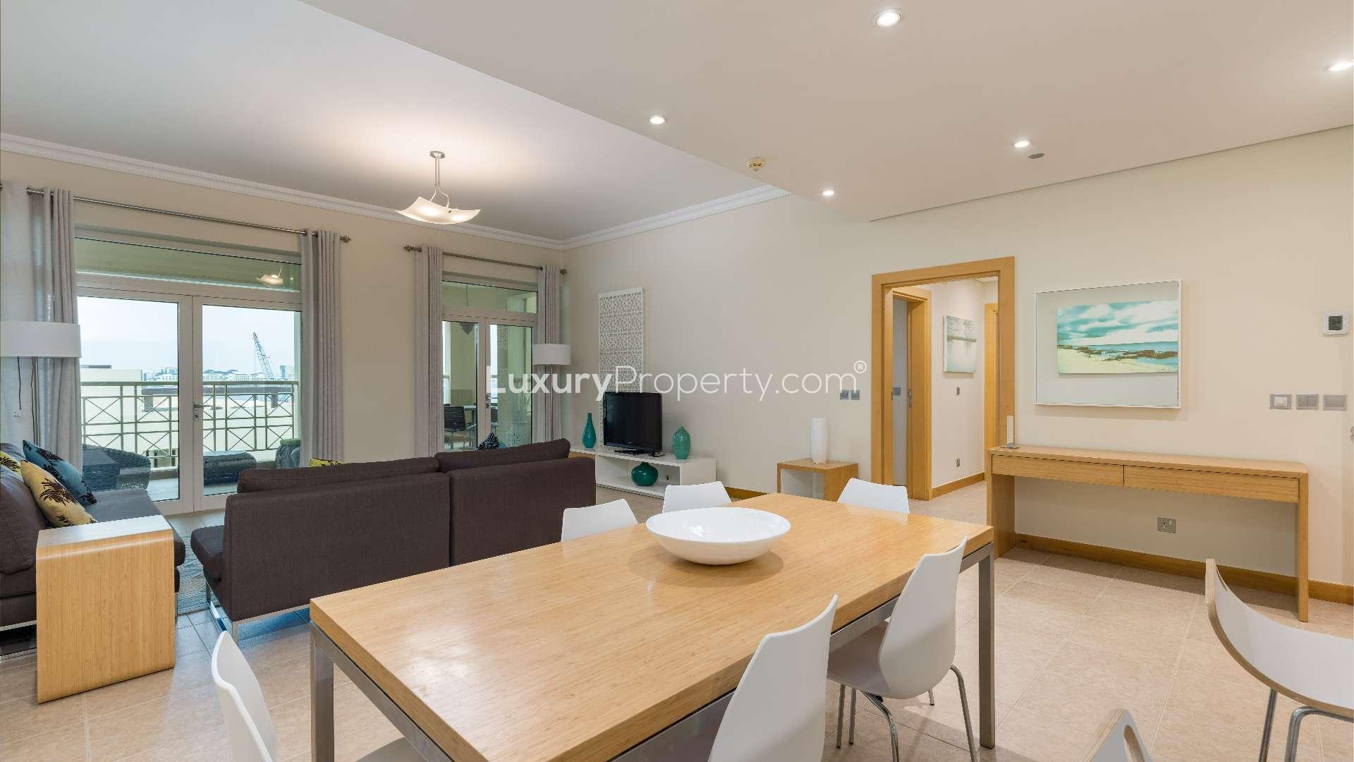 Stylishly furnished living room in 3-bedroom Shoreline Apartment, Palm Jumeirah, for rent