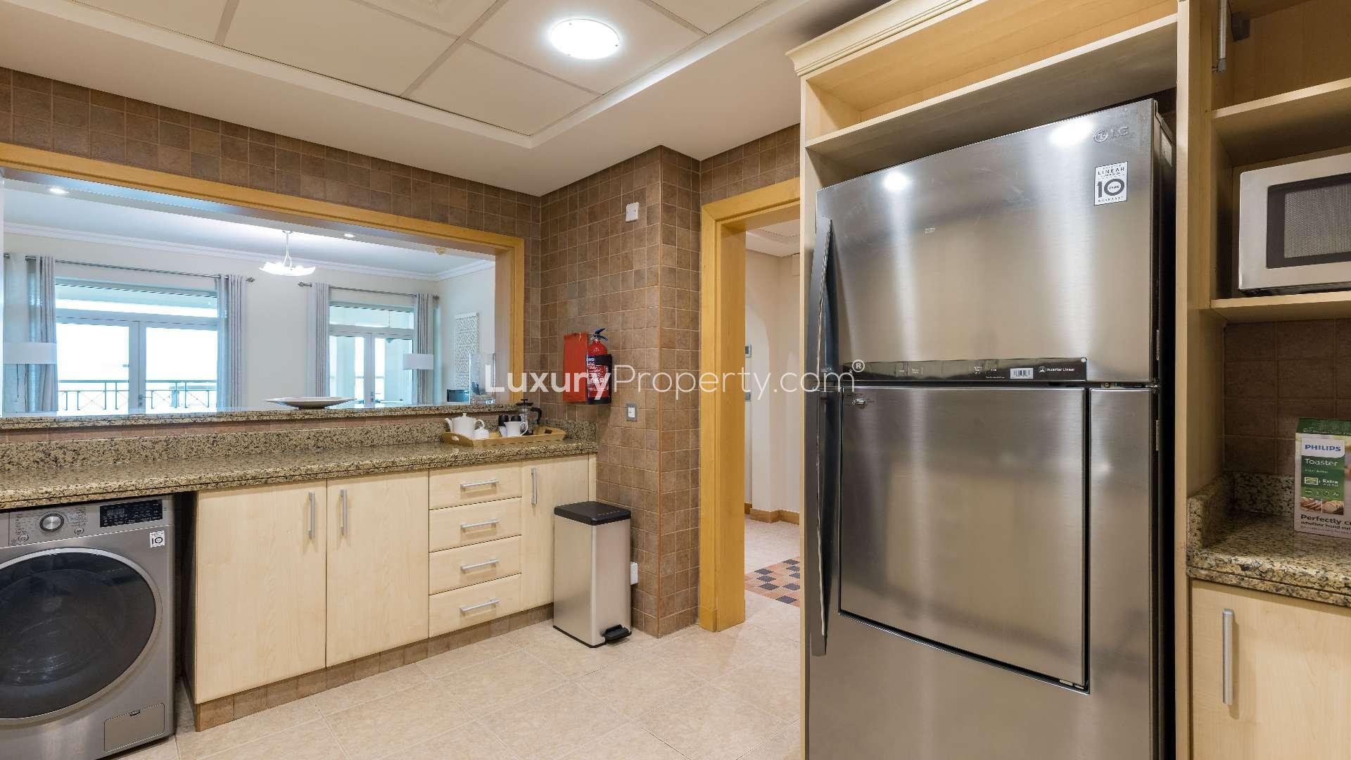 Stylish balcony with sea view in Shoreline Apartment, Palm Jumeirah. Ideal for relaxation