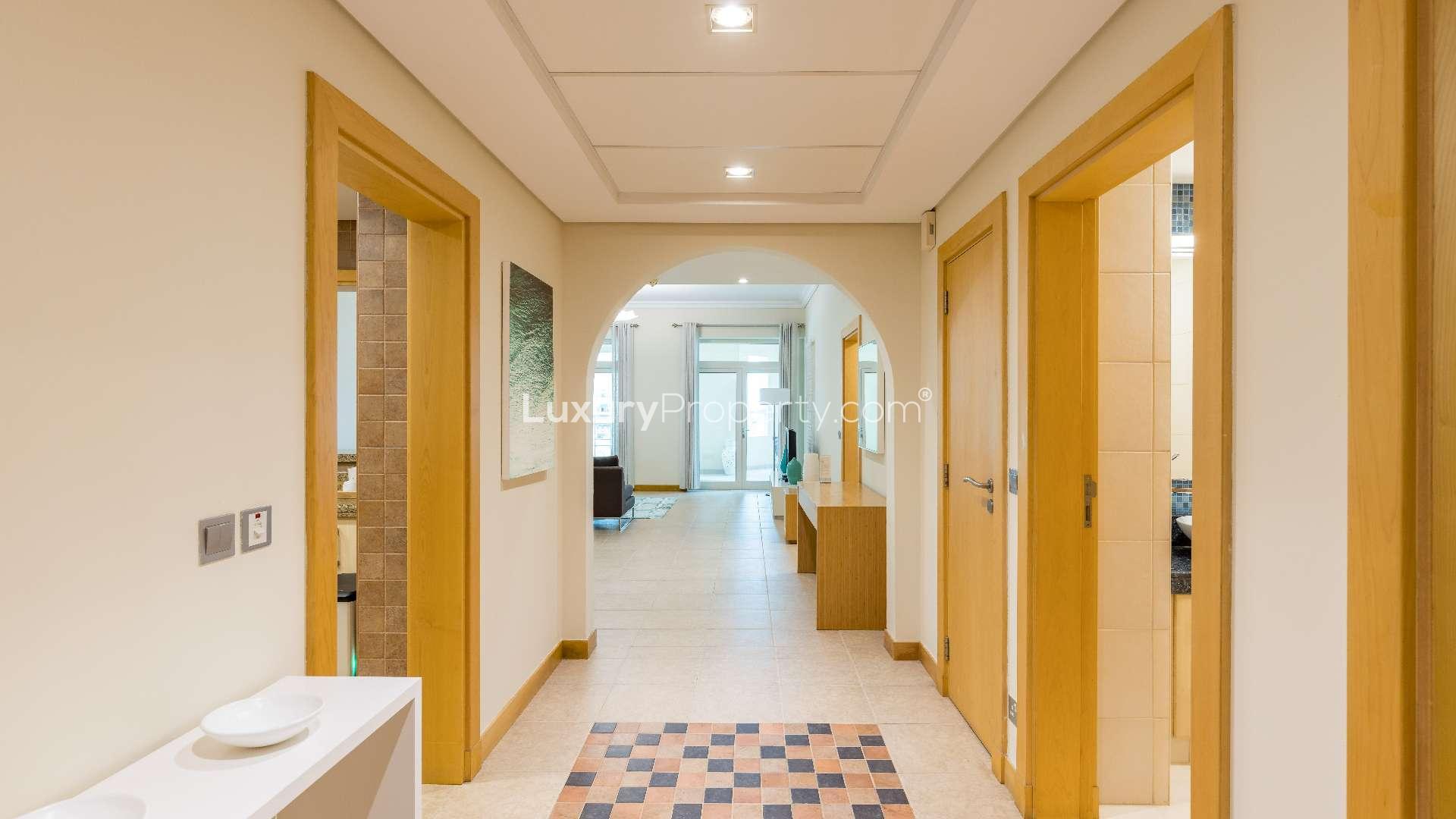 Furnished living room in Type A apartment, Shoreline Apartments, Palm Jumeirah, city view rental