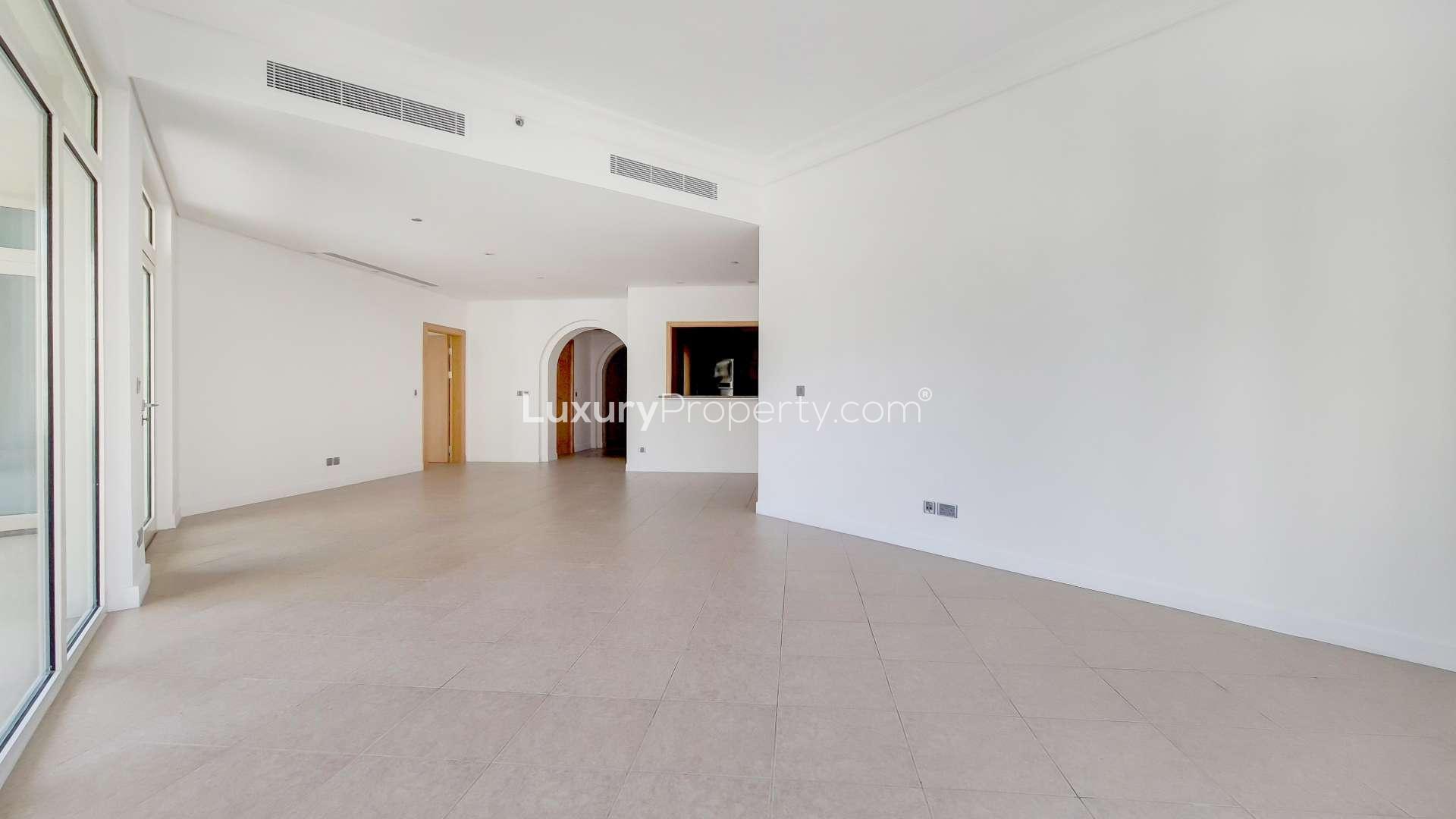 Balcony view from modern 3-bedroom apartment in Shoreline Apartments, Palm Jumeirah