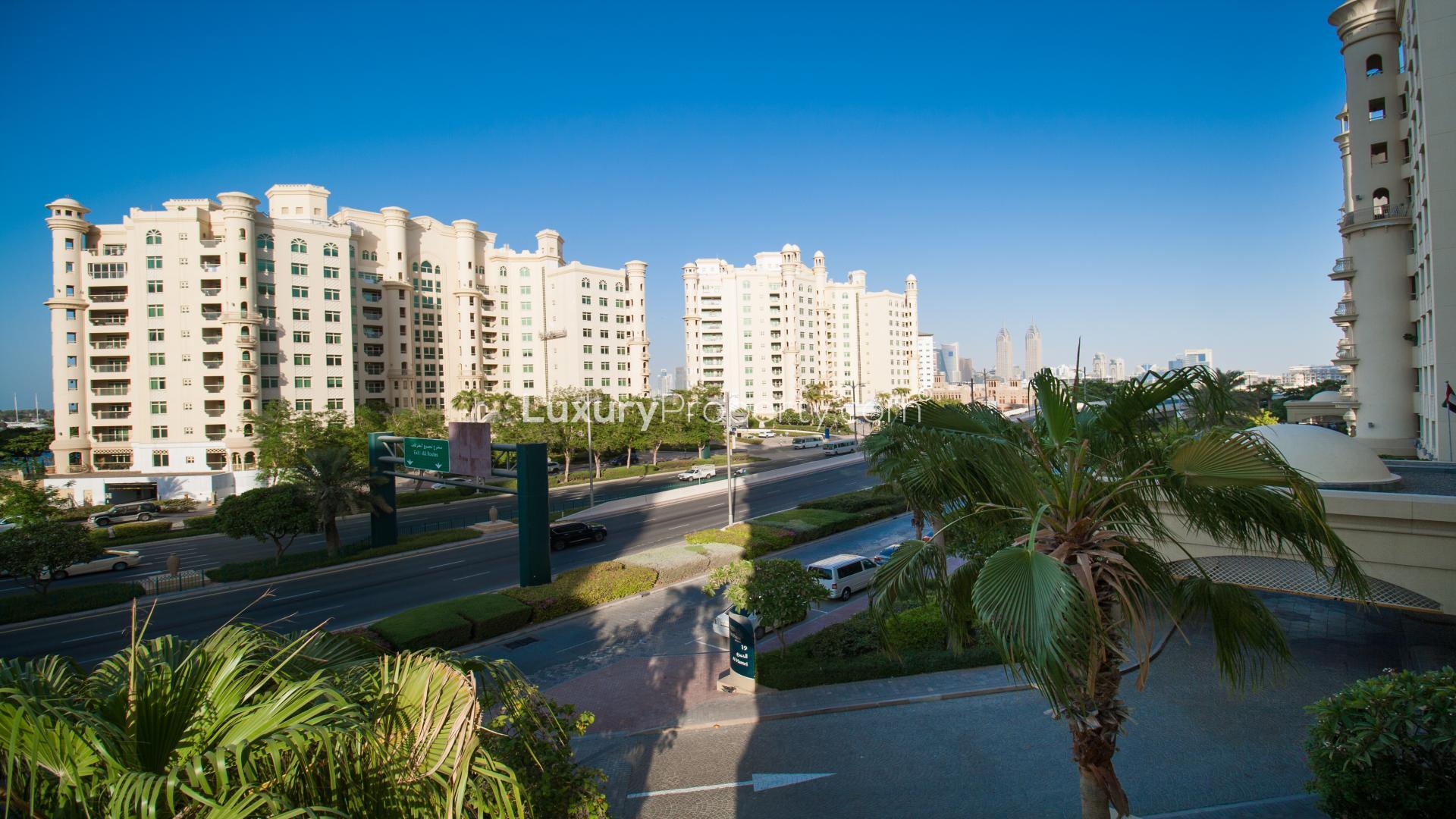 Spacious balcony view from Palm Jumeirah Shoreline Apartments, Dubai, showcasing coastal living