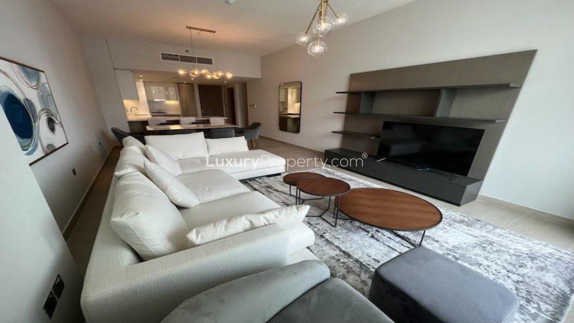 Furnished balcony with stunning Dubai Marina views at LIV Residence apartment for rent