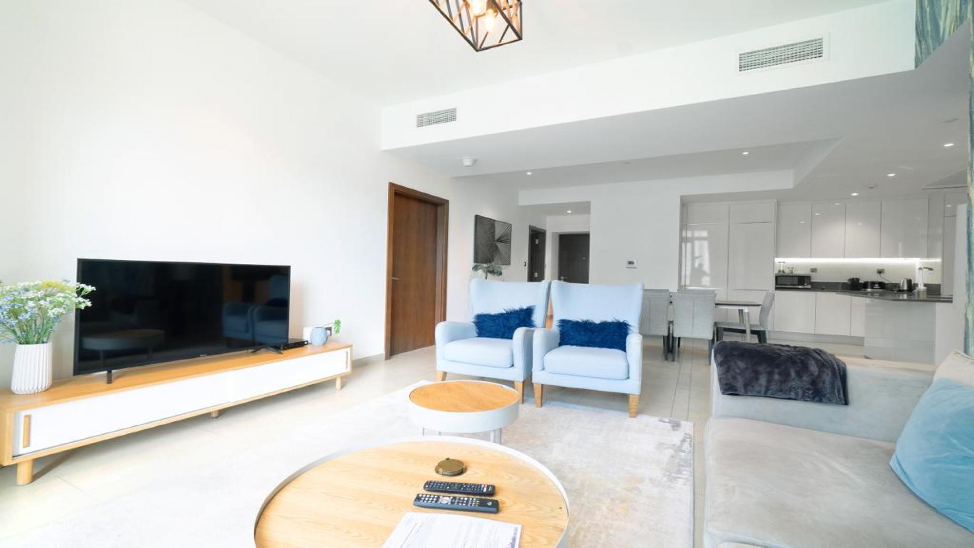 Modern living room in fully furnished Marina Gate apartment, Dubai Marina