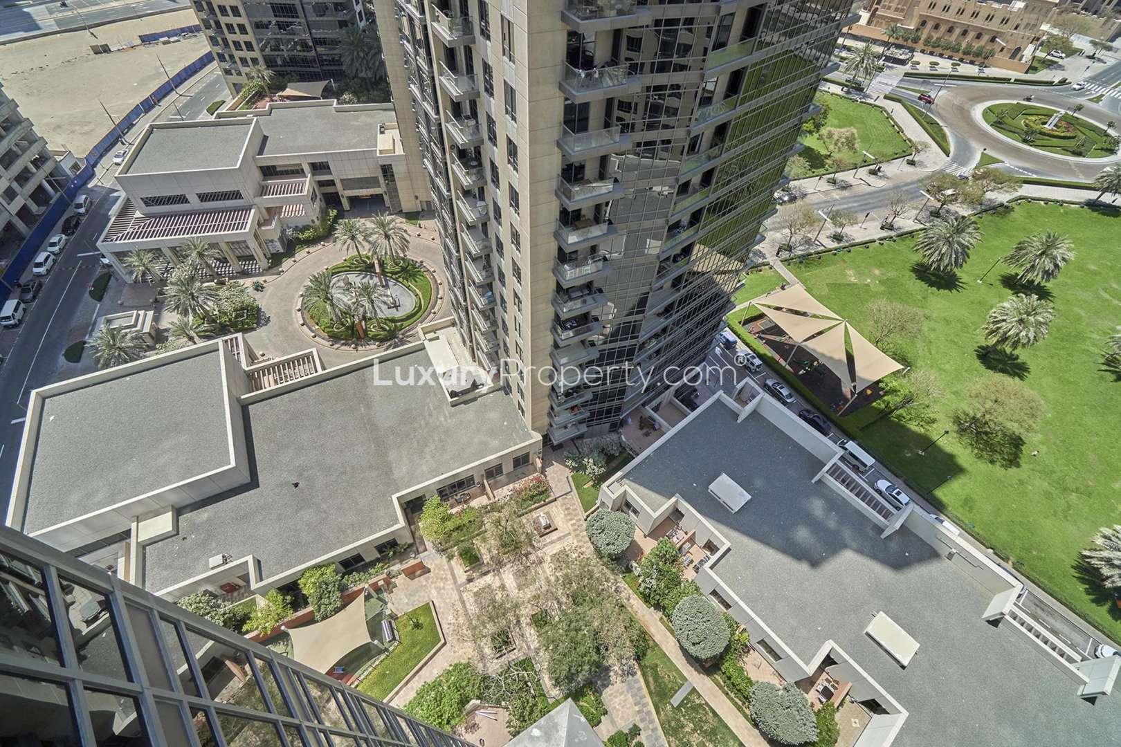 View of Downtown Dubai skyline from South Ridge apartment balcony