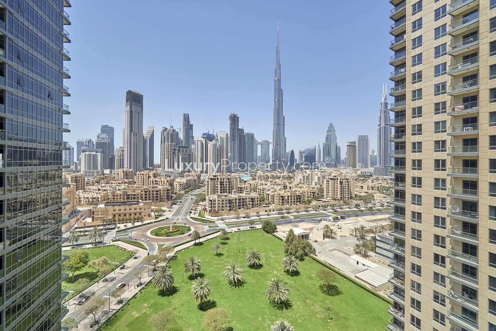 Balcony view of Downtown Dubai skyline from South Ridge apartment for rent
