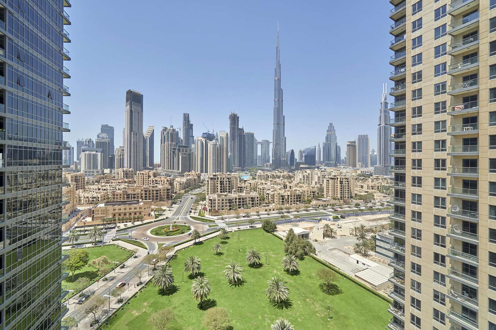Balcony view of Downtown Dubai skyline from South Ridge apartment for rent