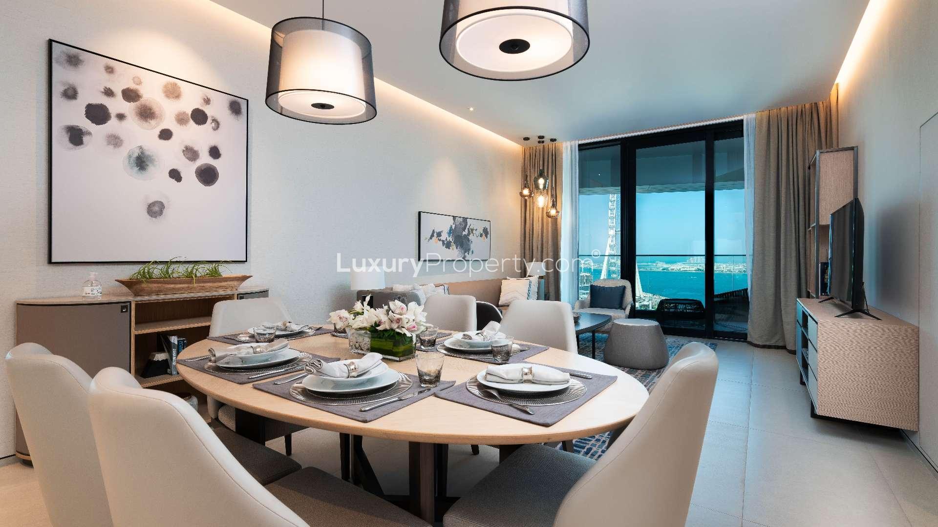 Luxury living room in Address Jumeirah Beach Resort apartment, modern decor, elegant furnishings