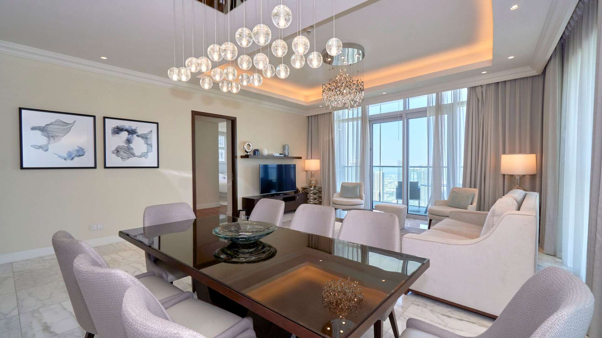 Balcony view from The Address Residence Fountain Views apartment overlooking Downtown Dubai skyline