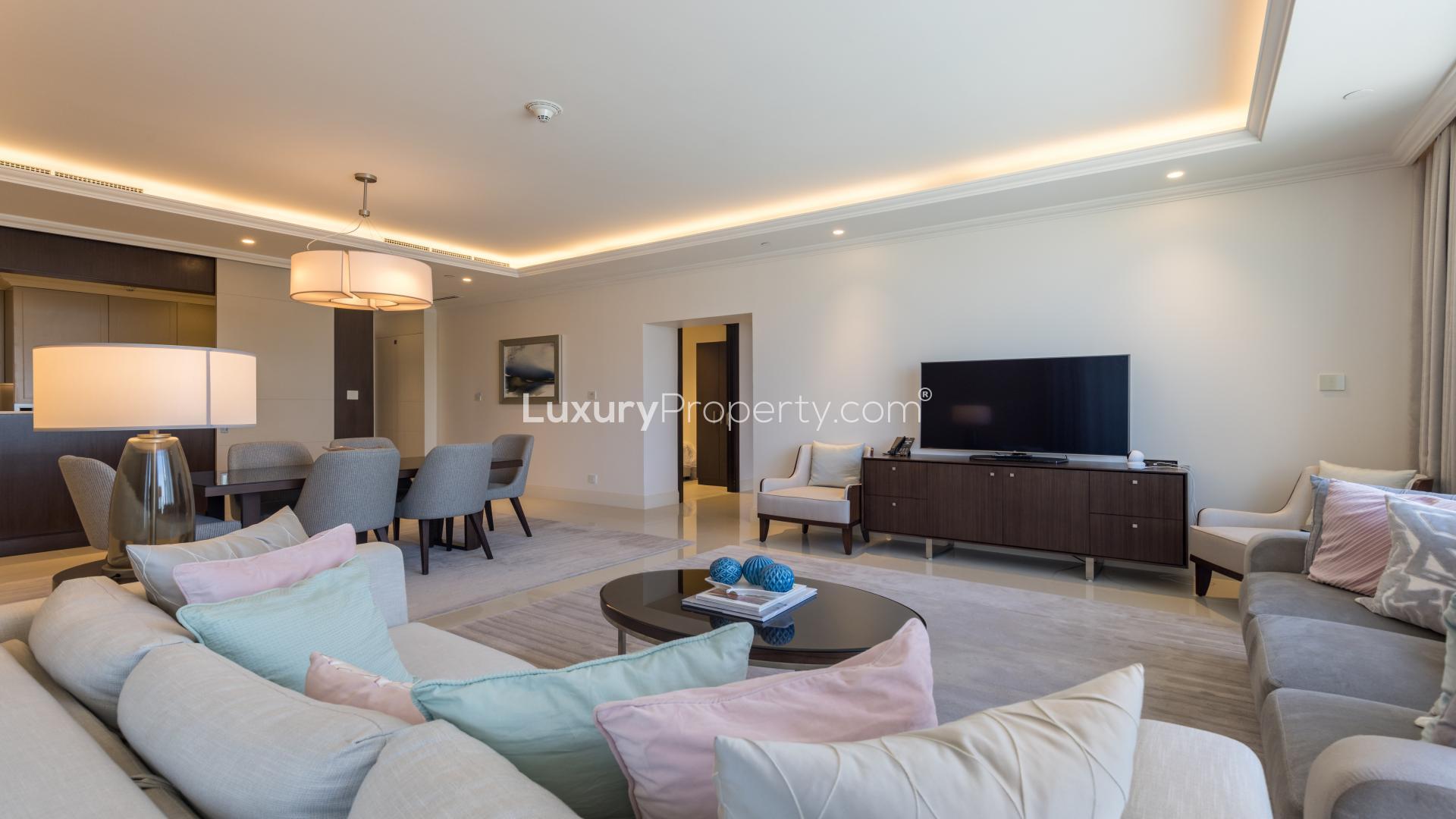 Luxurious furnished apartment living room with Burj Khalifa views, Downtown Dubai rental