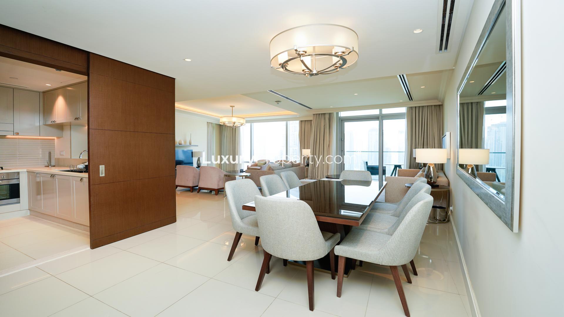High-floor apartment balcony view of Downtown Dubai skyline and Burj Khalifa at Fountain Views