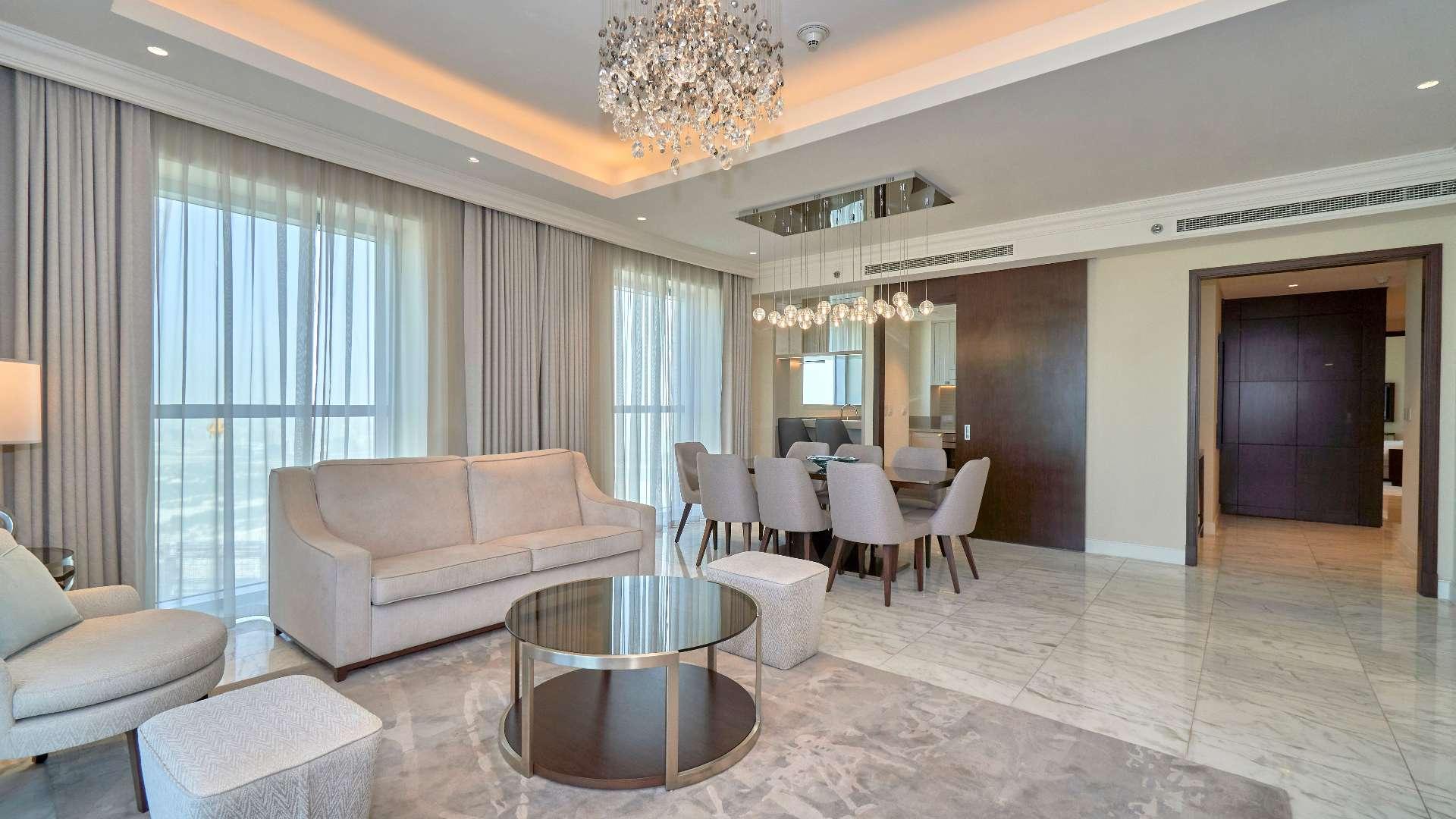 Luxurious living room in 3-bedroom apartment, Address Fountain Views, Downtown Dubai. Modern decor